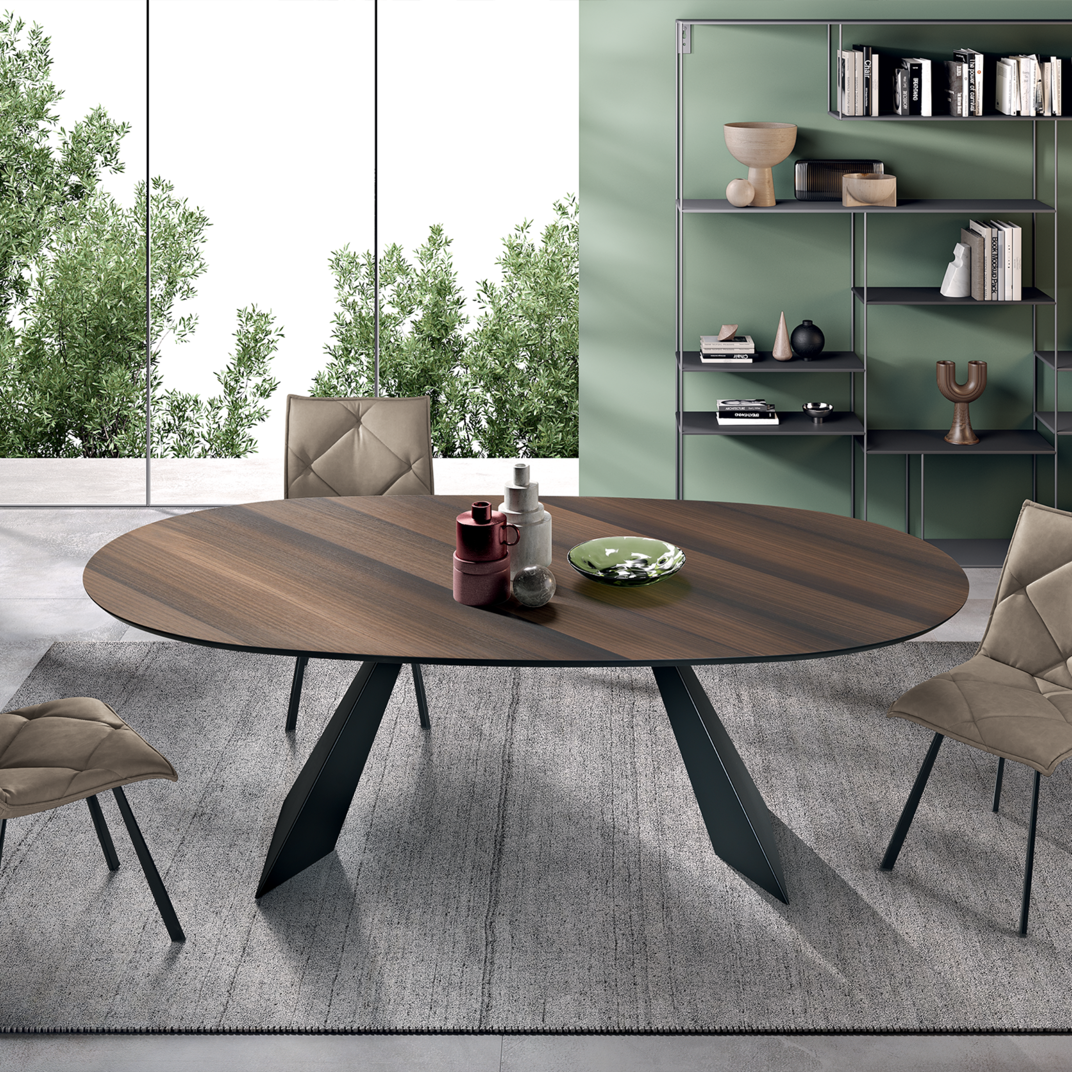 "Nargy" modern fixed dining table with metal base and oak top, 210x109 cm, 75 cm high