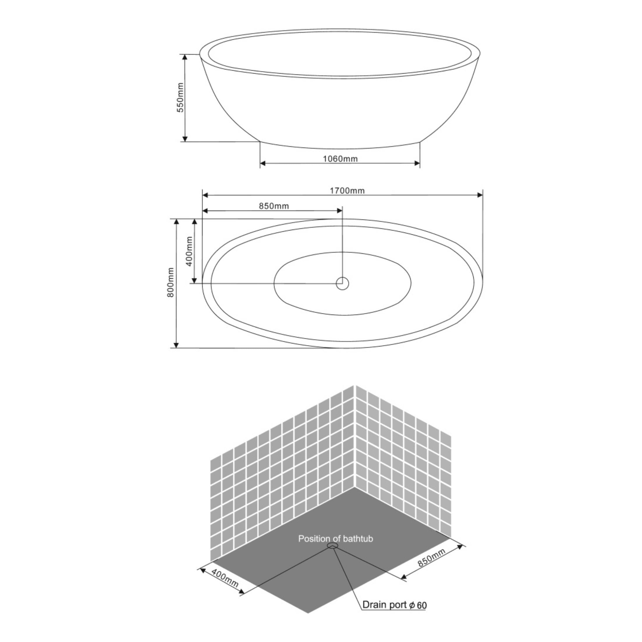 "Arianna" freestanding bathtub in white acrylic, 170x80 cm, 55 cm high