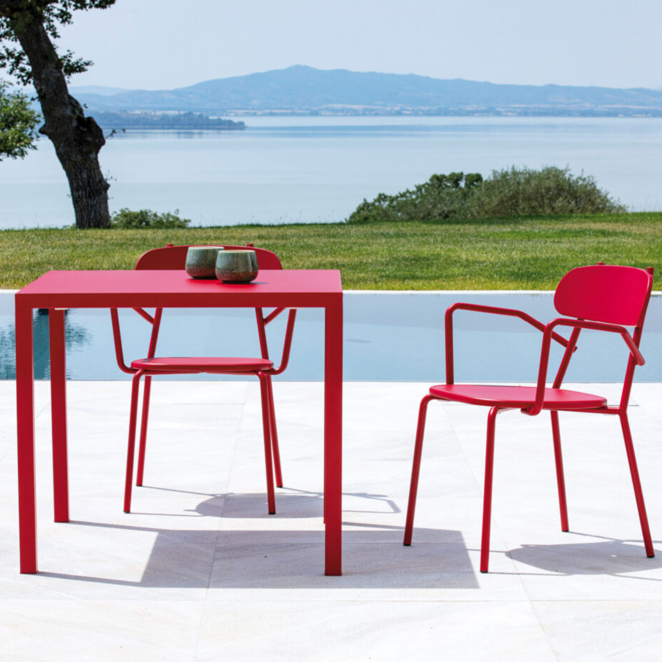 Set of "Fox" stackable painted metal garden chairs, 53x53 cm, 84h