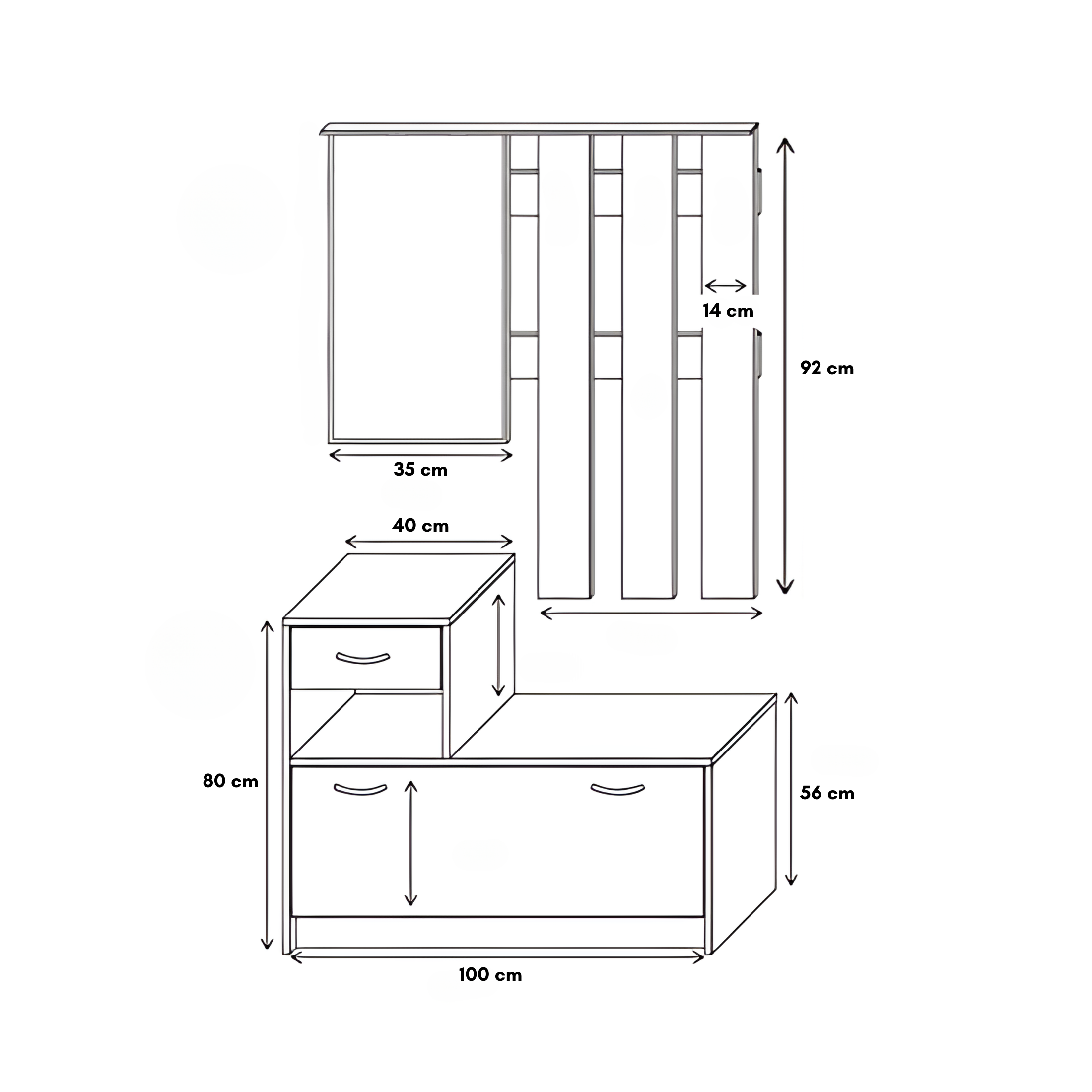Scarpiera da ingresso in legno "Rudolf" con specchio e appendiabiti cm 100x26 180h