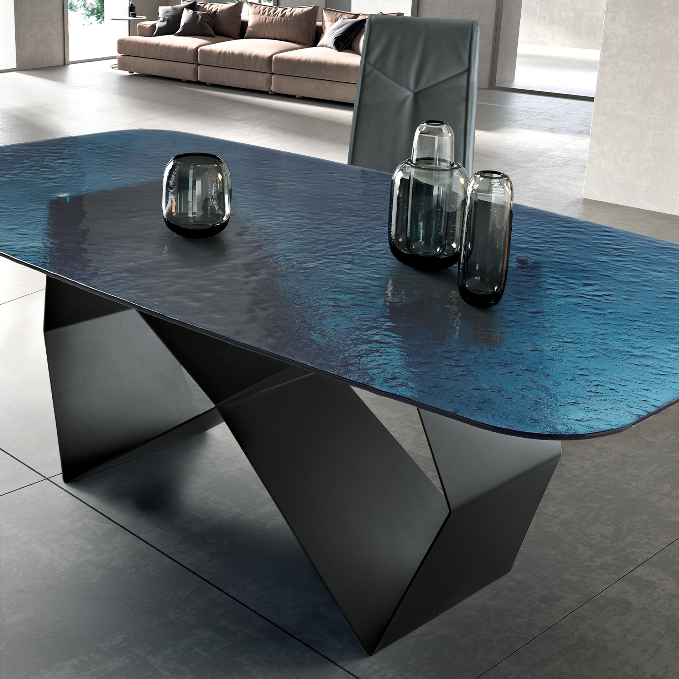 "Karlito" modern fixed table with painted metal base, 210x110 cm, 75 cm high.