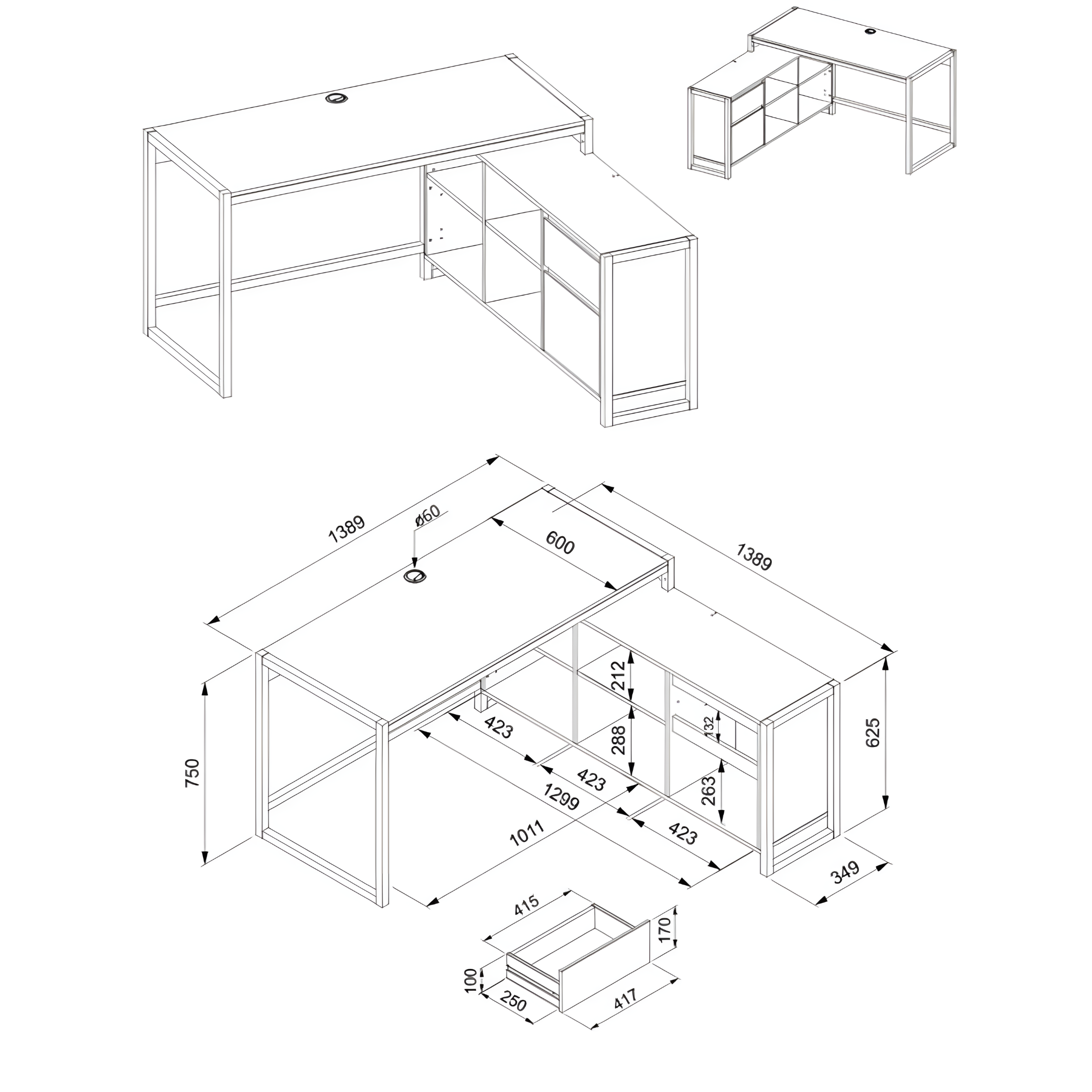 Modern "Denver" corner desk, reversible, anthracite oak, 142x139 cm, 75h
