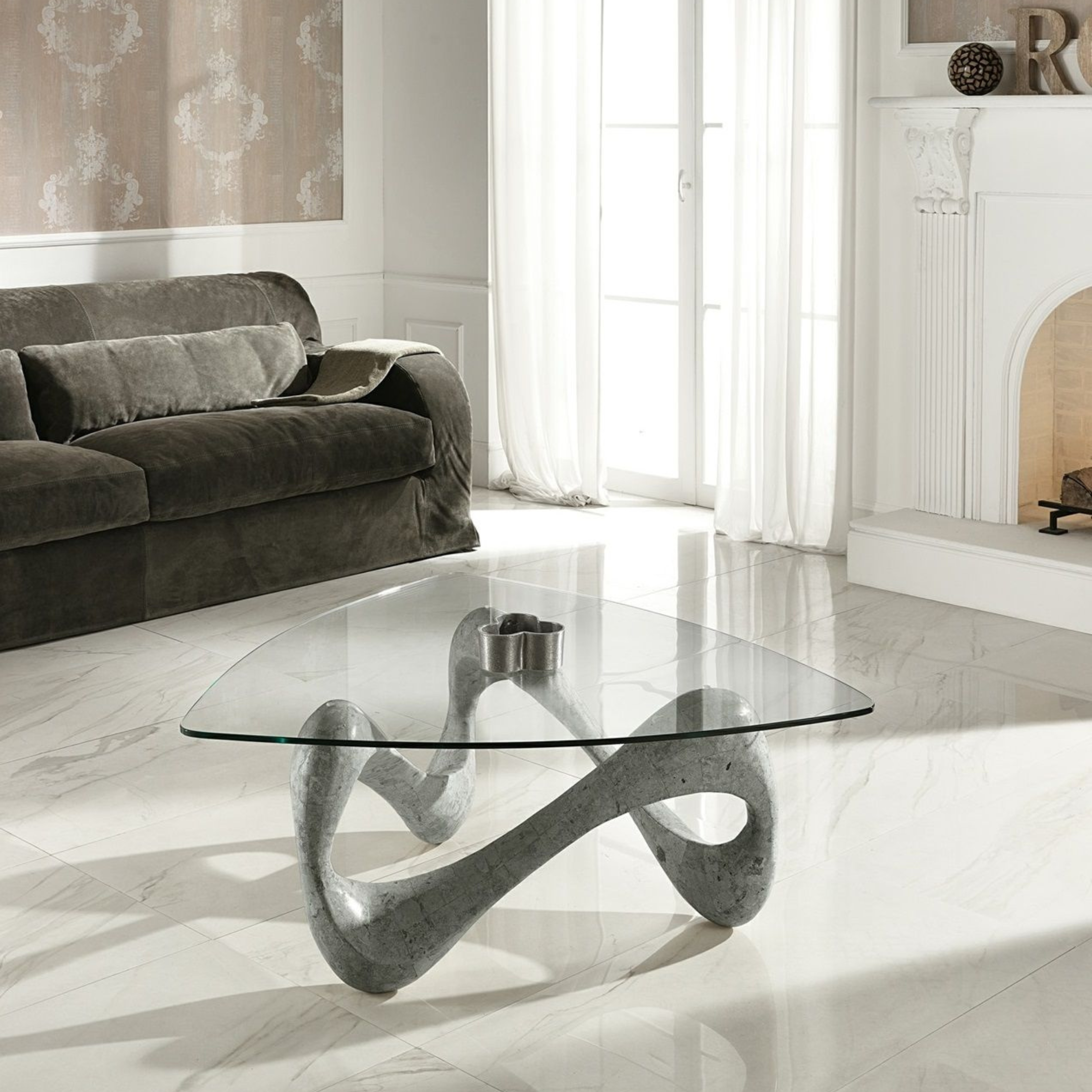 "Scarf" fossil stone coffee table with tempered glass top, 100x100 cm, 42.5 cm high.