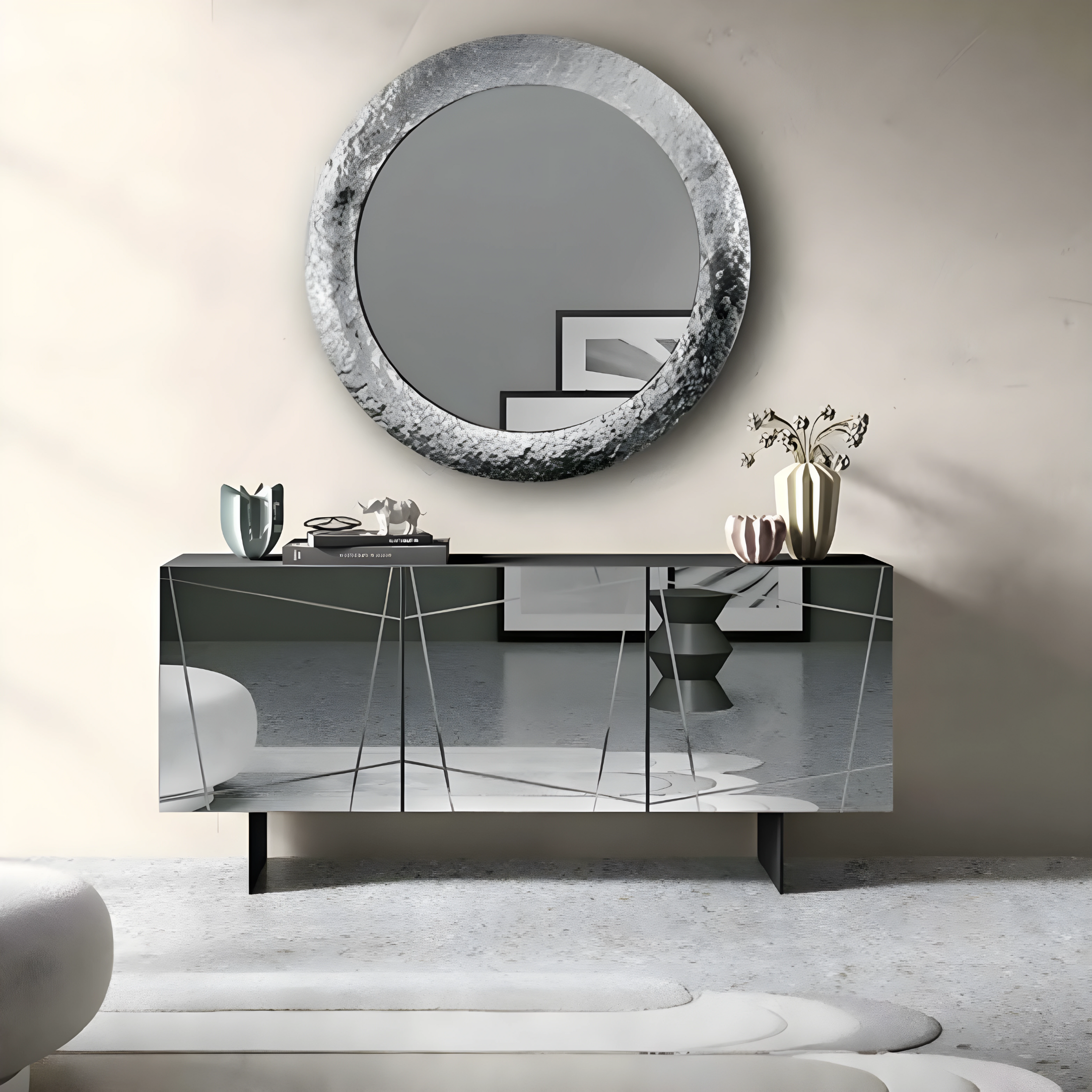 Modern, pre-assembled wooden sideboard "Conty" with 3 mirrored doors, 180x50 cm, h80 cm