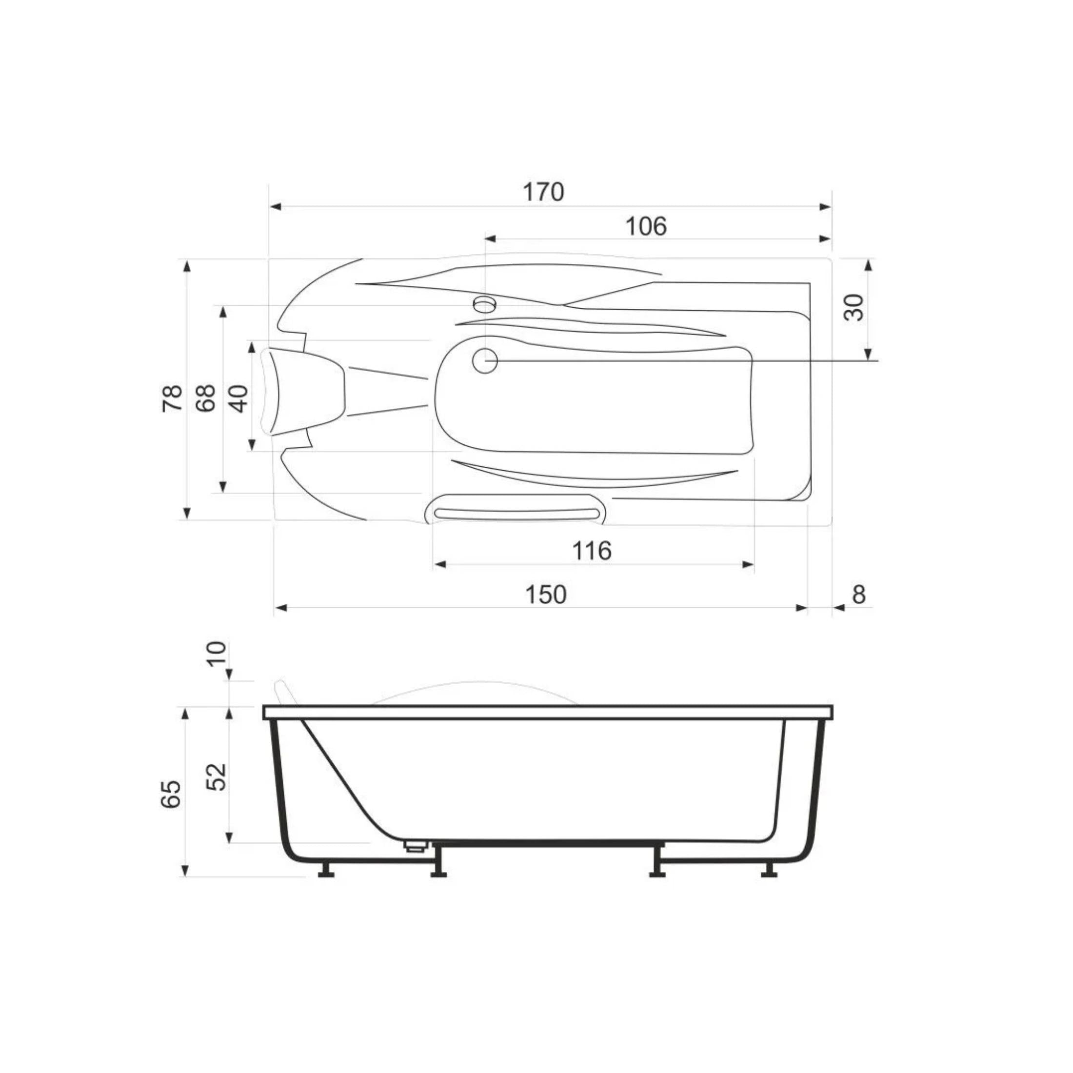"Doris" built-in hydromassage bathtub on 3 walls, 170x78 cm, 65 cm high