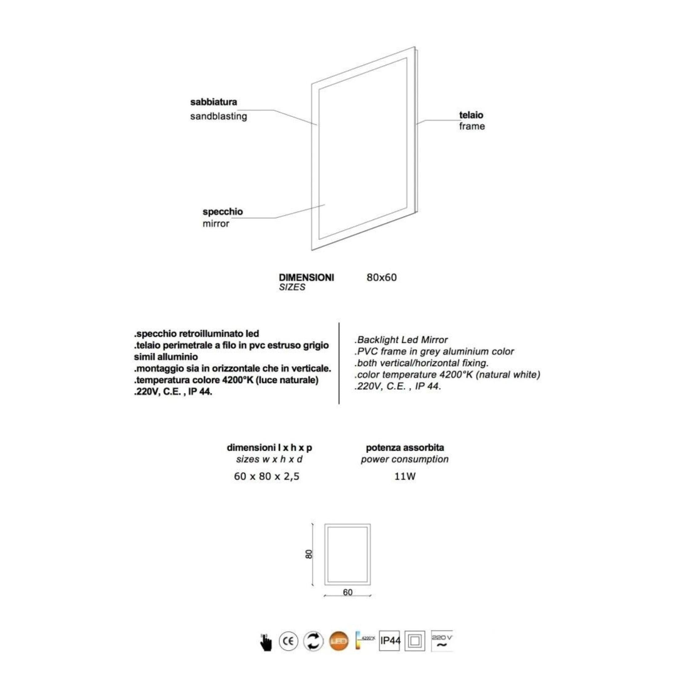 Reversible rectangular "Bend" LED framed mirror, 80x60 cm