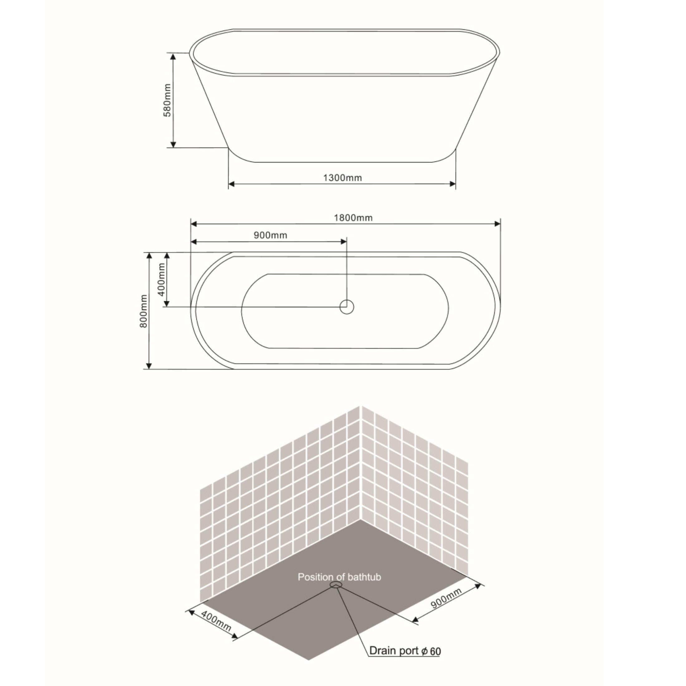 "Anita" freestanding oval bathtub in white acrylic