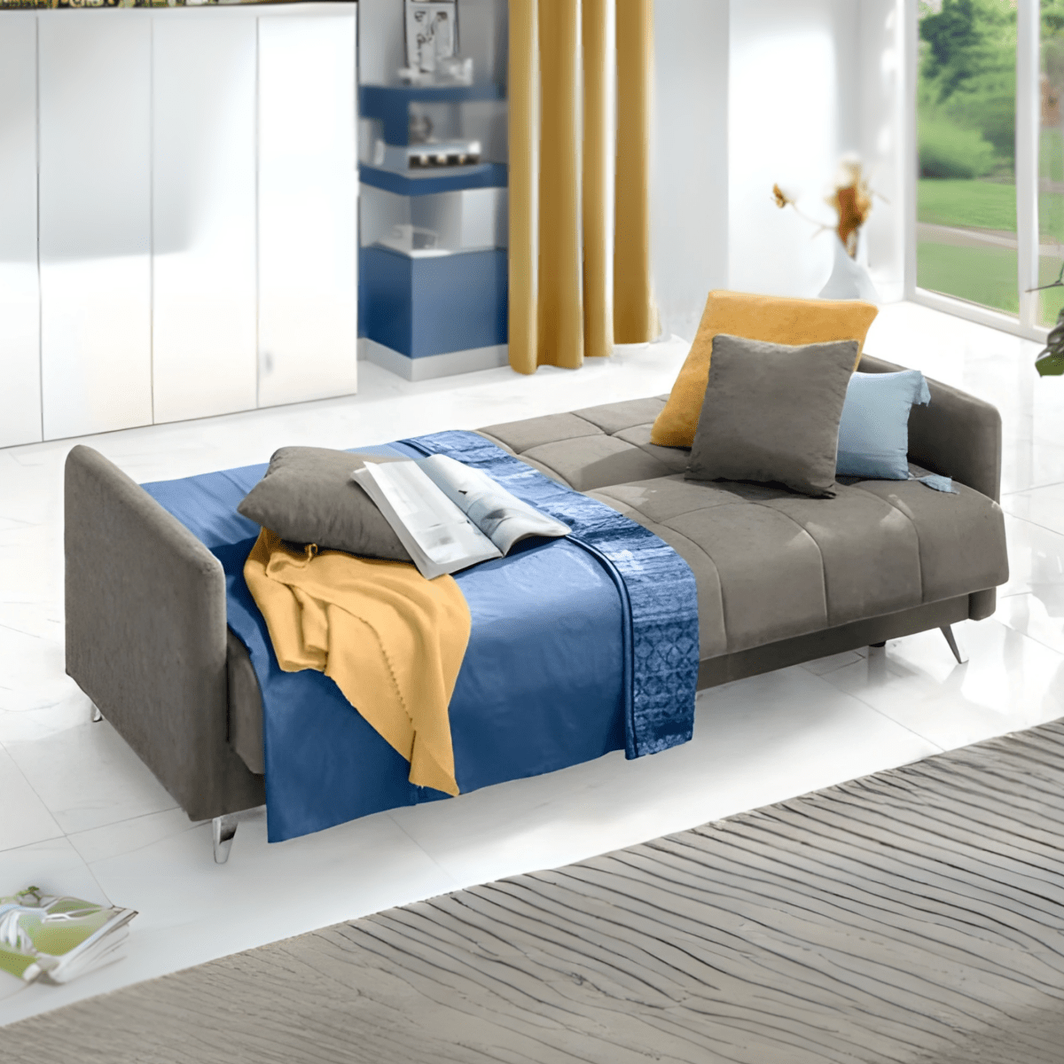 Divano letto a 3 posti contenitore "Santi Bacos" in velluto con 2 cuscini cm 211x92 98h - MondoViro