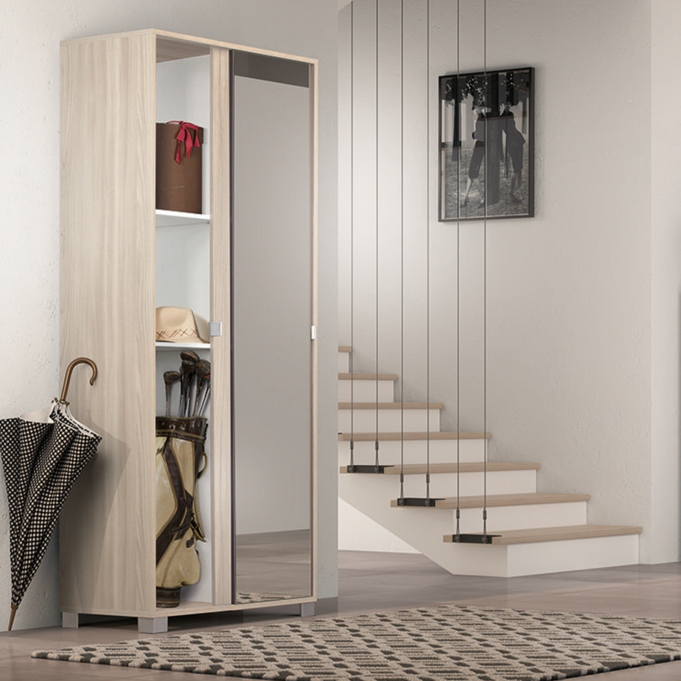 "Rebel" 2-door sliding wardrobe with wooden mirror, 8 shelves, 82x42 cm, 190 cm high