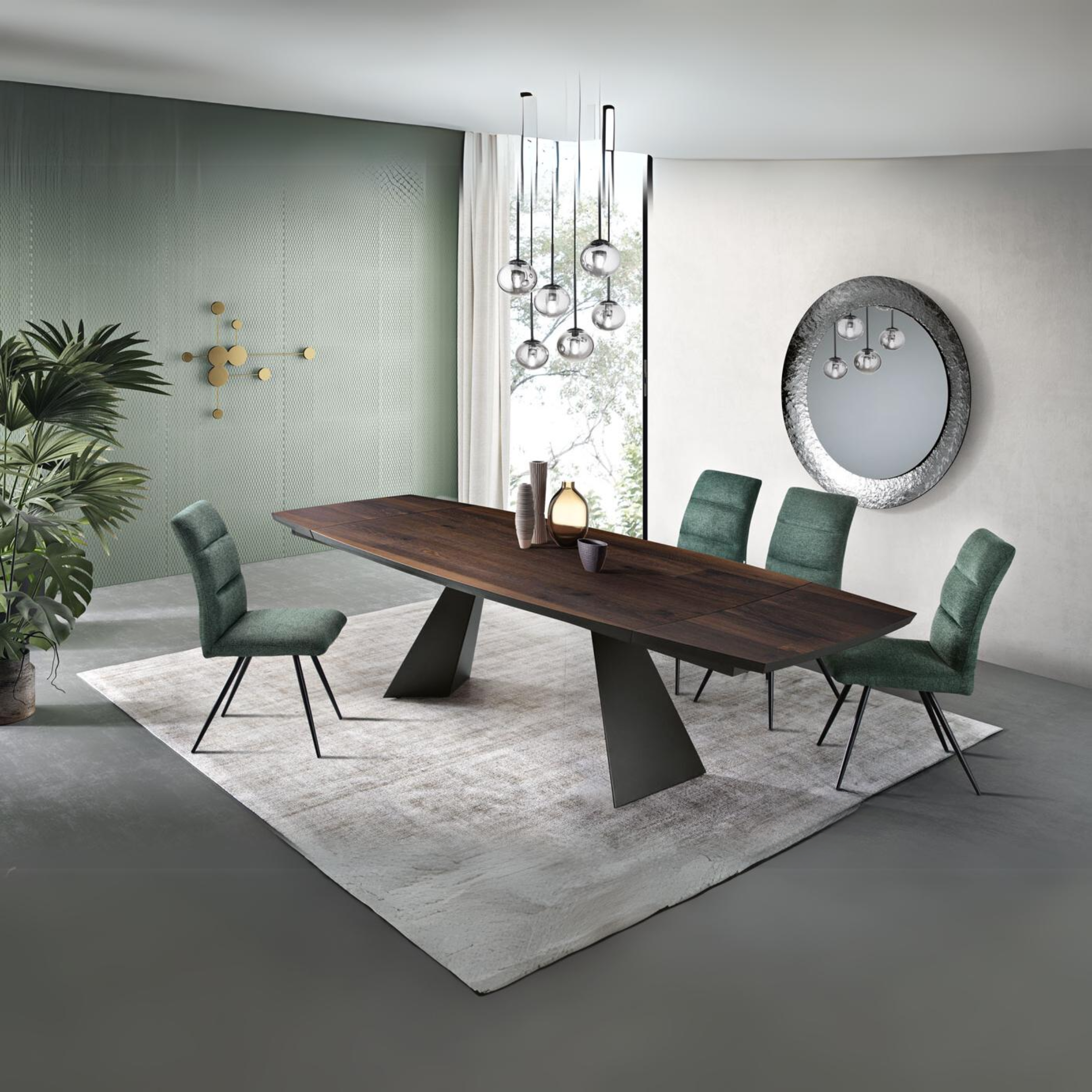 Modern extendable table "Nora" with metal base and oak top