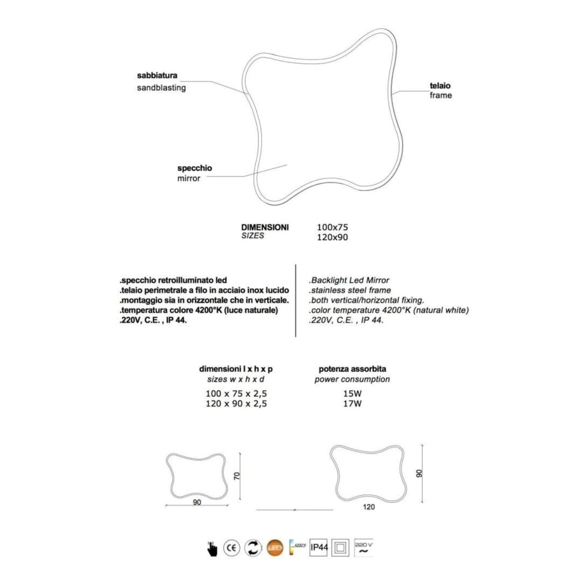 Specchio a led sagomato "Gresham" reversibile con cornice retroilluminata - MondoViro