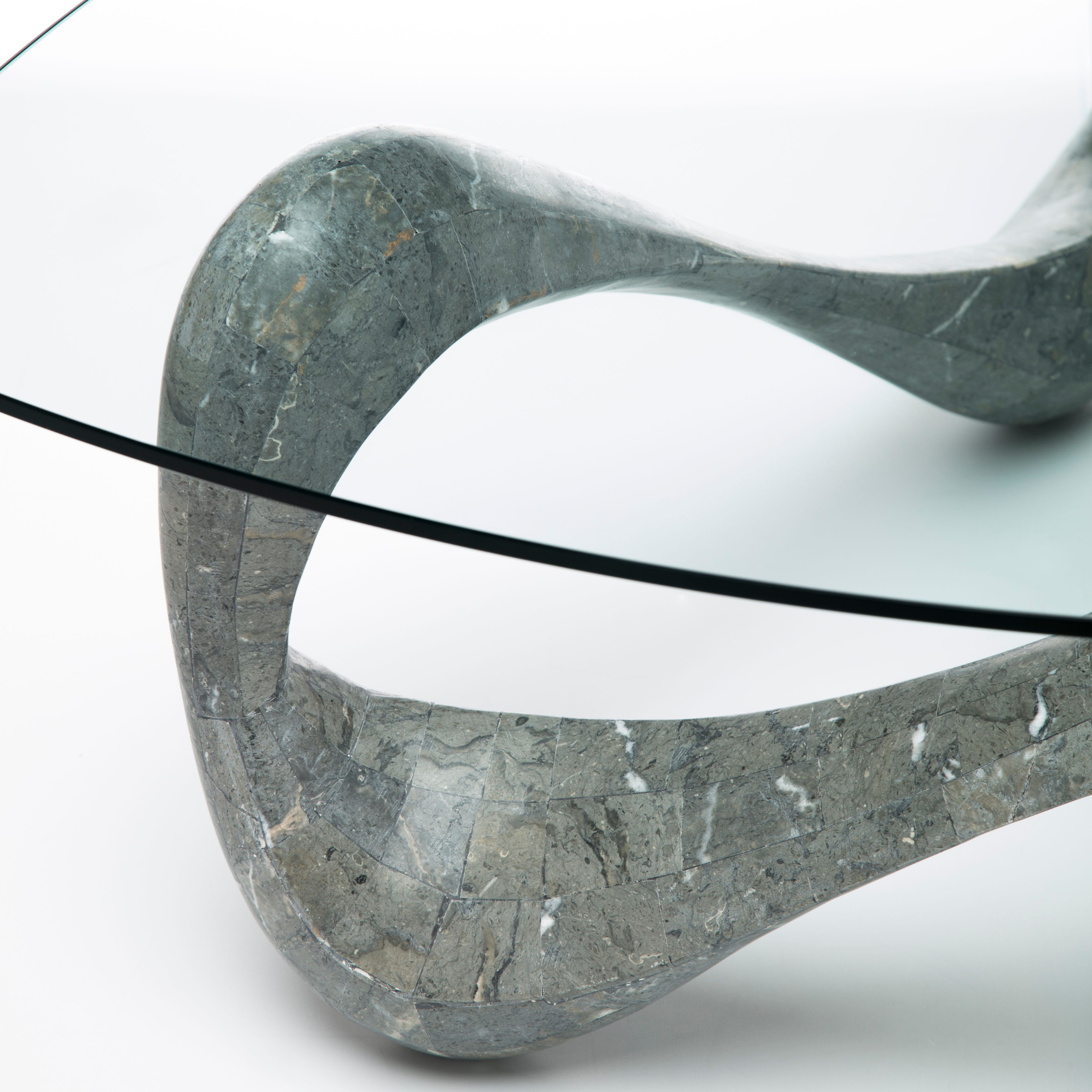 "Scarf" fossil stone coffee table with tempered glass top, 100x100 cm, 42.5 cm high.