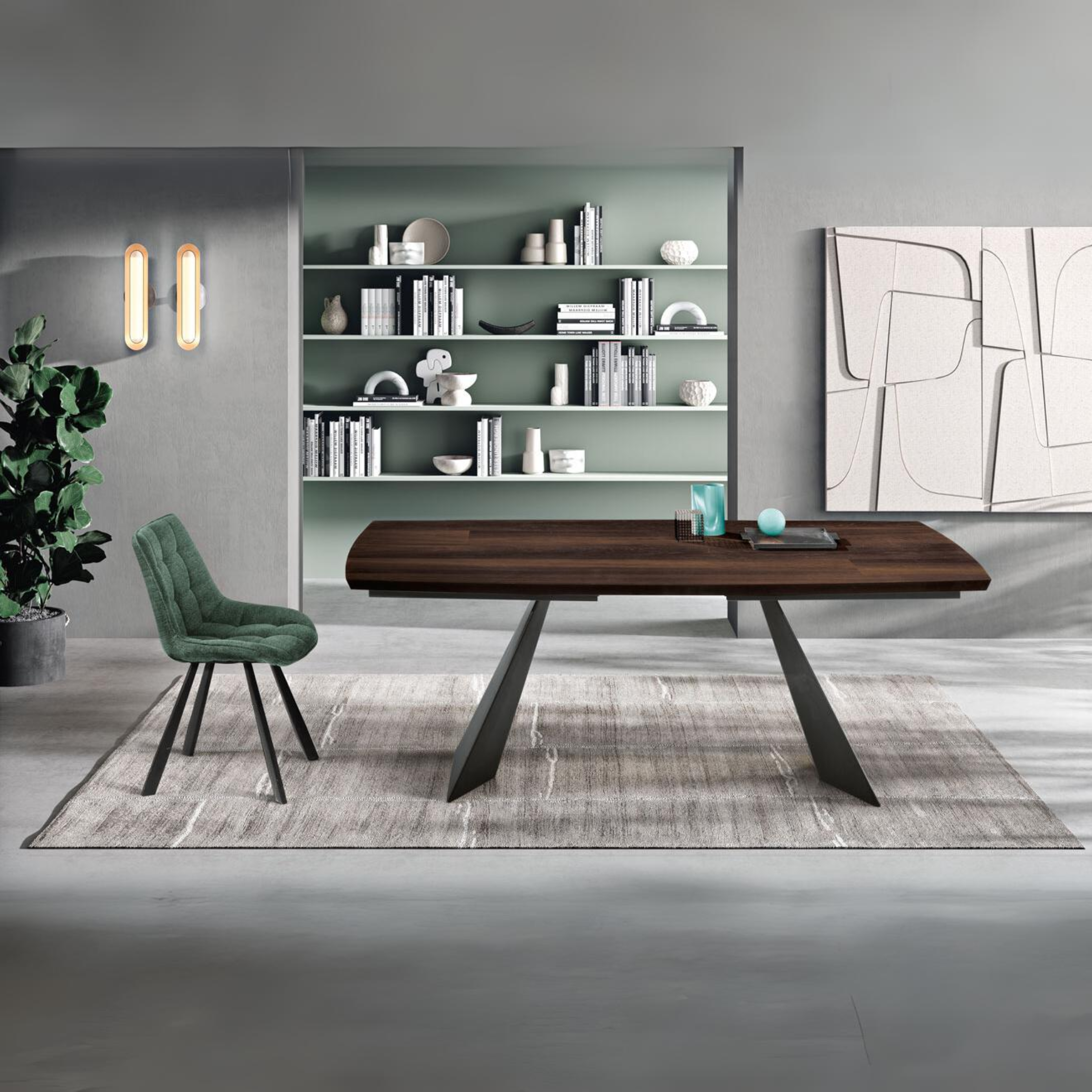 Modern extendable table "Nora" with metal base and oak top