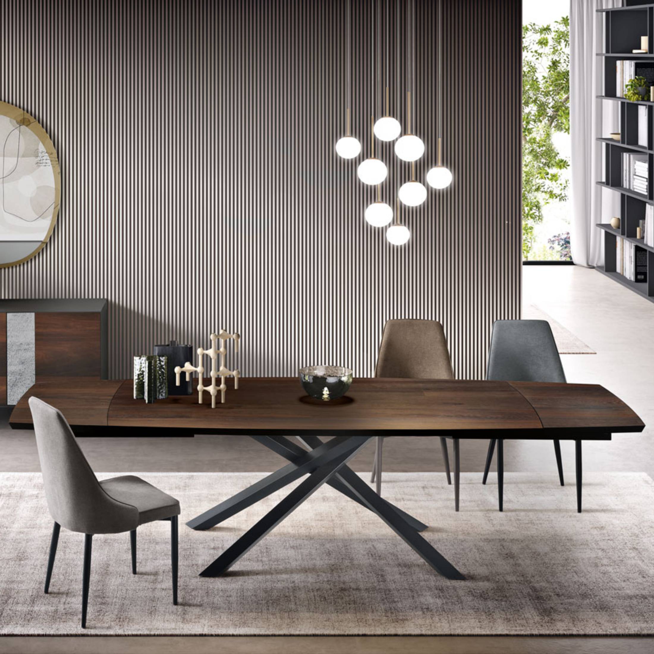 Modern extendable table "Alan" with metal base and oak top