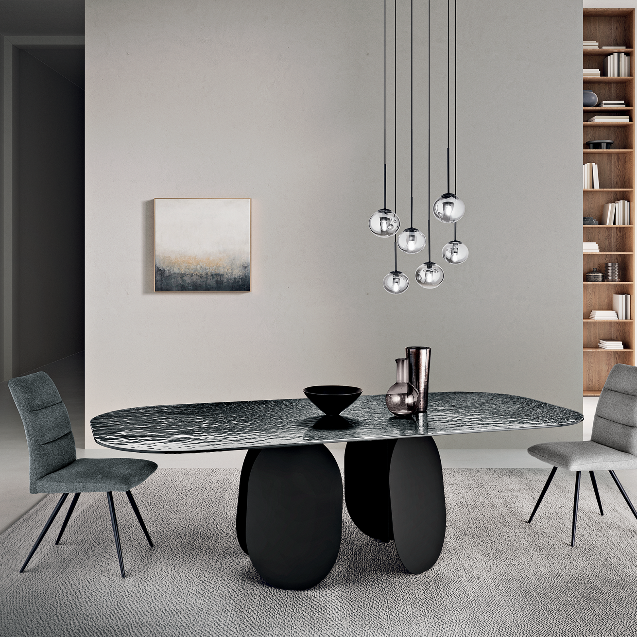 "Monroe" modern fixed dining table with hammered glass top