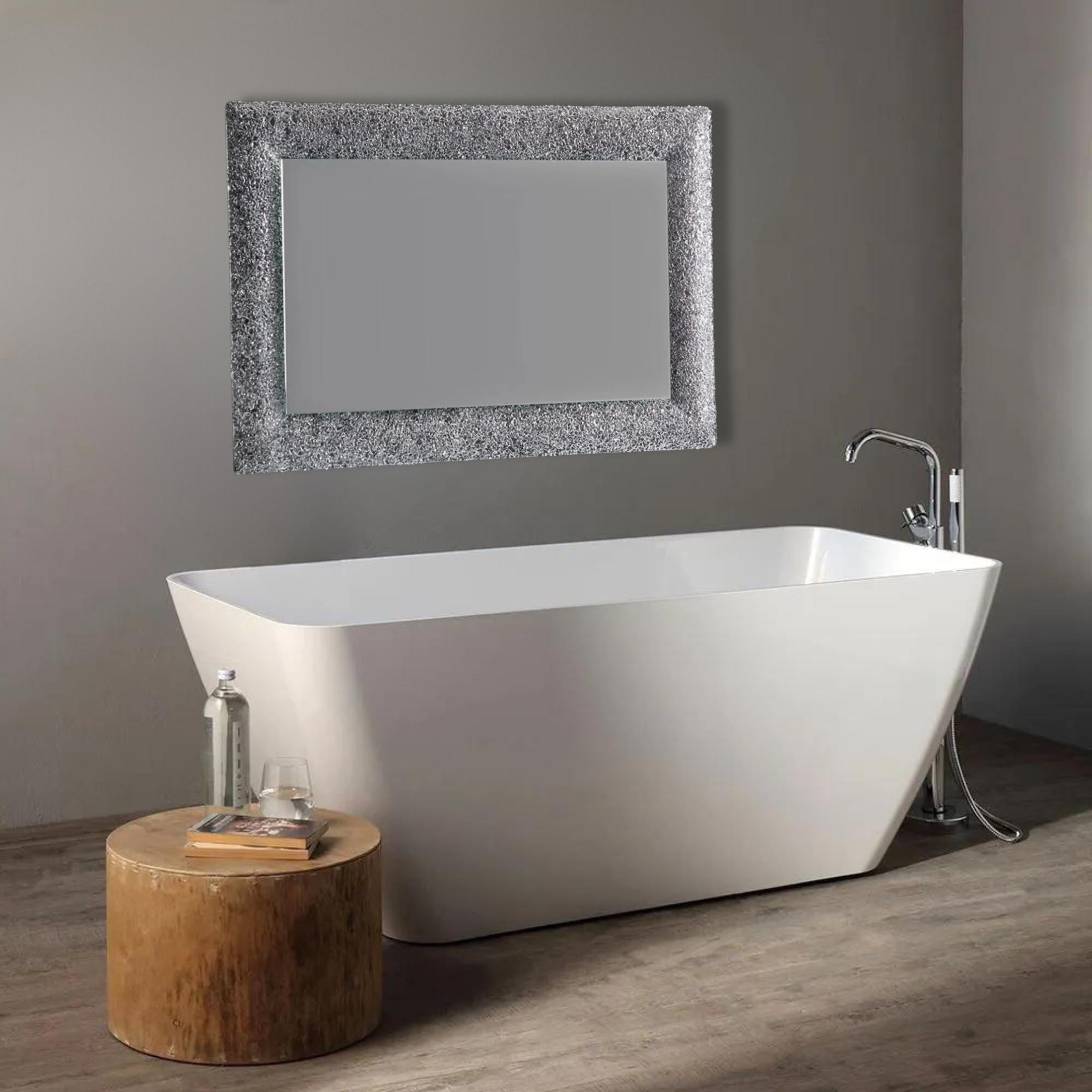 "Serranova2" rectangular LED mirror with glass grit frame, 90x62 cm