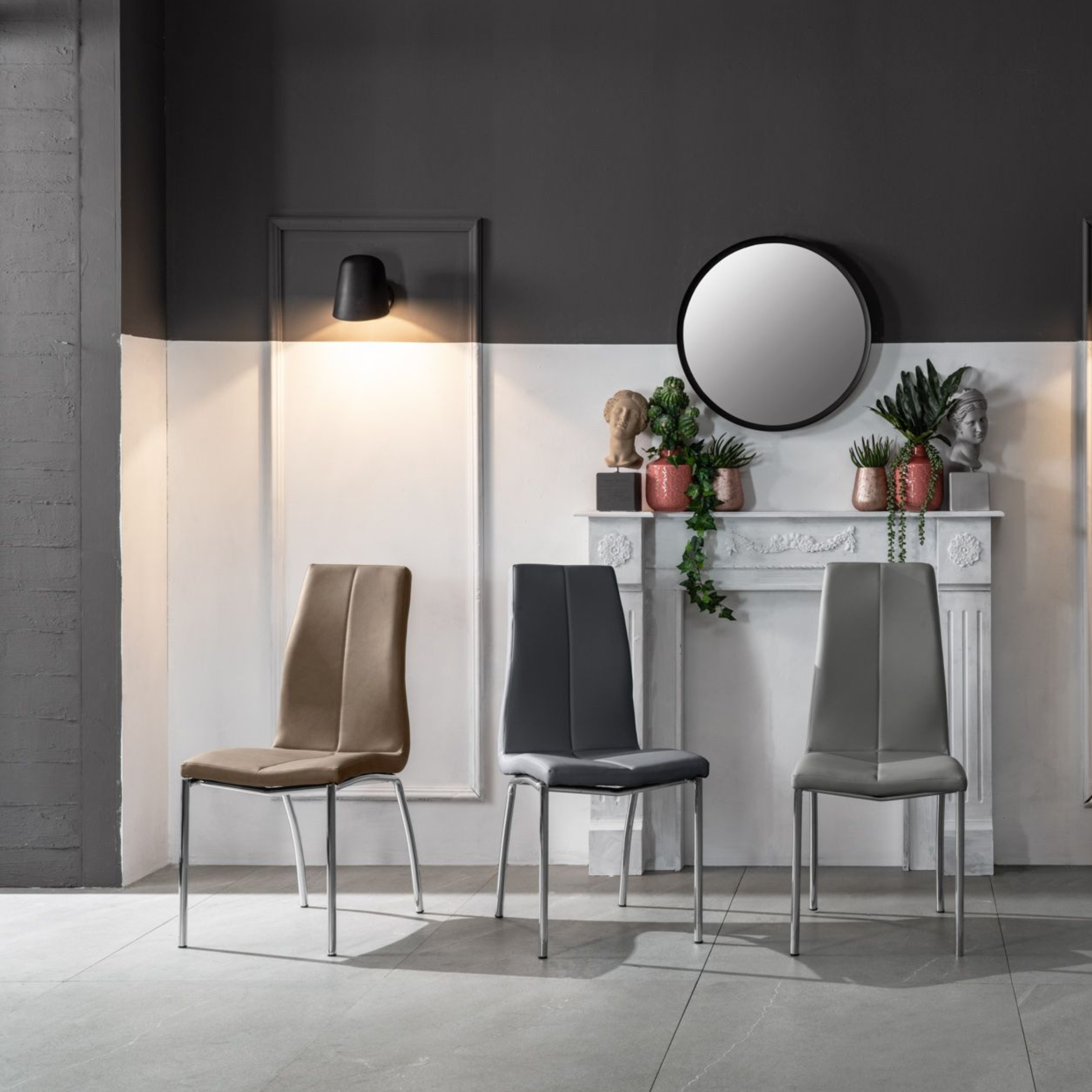 Set of modern "Pilea" upholstered chairs in faux leather with metal legs, 44x43 cm, 92 cm high.