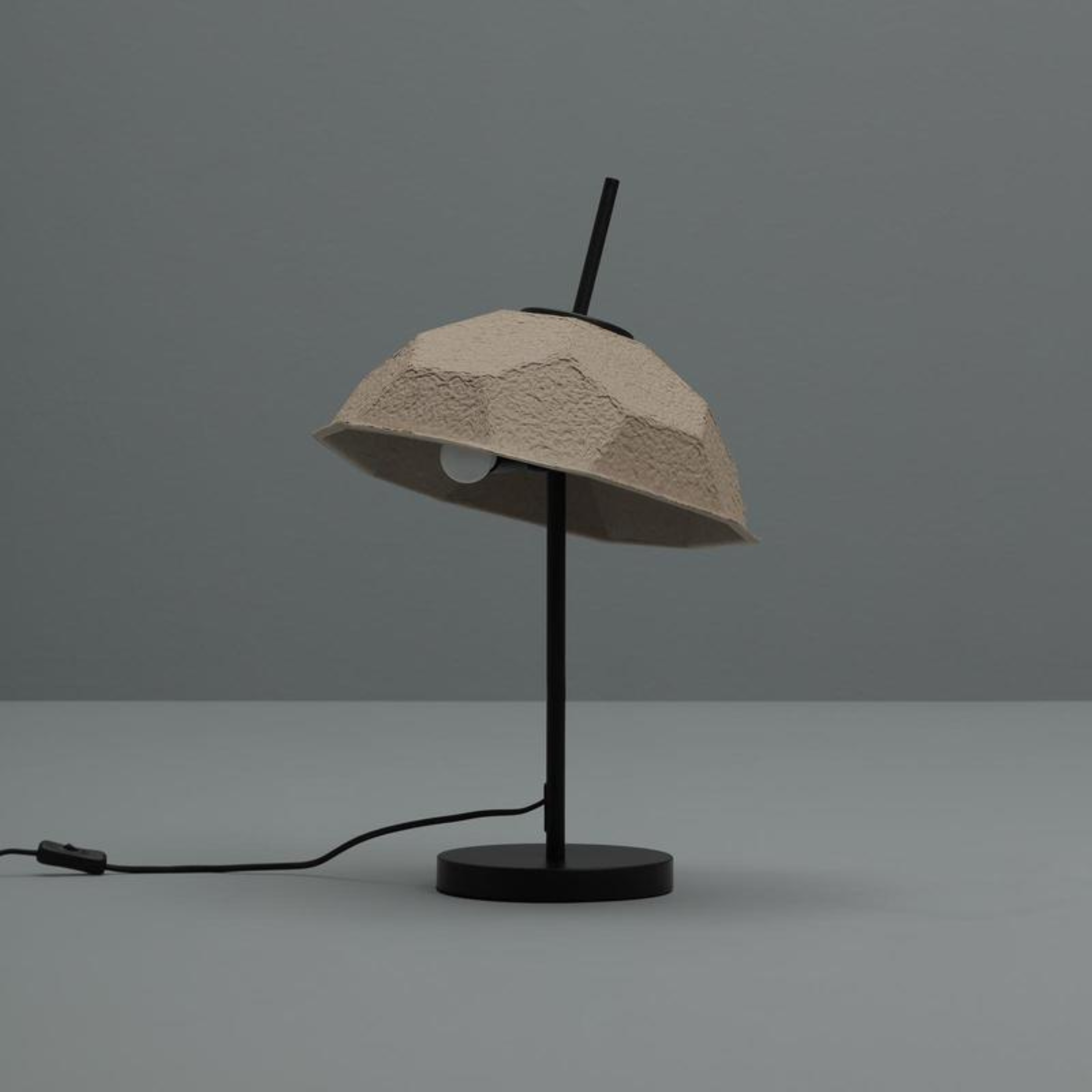 "Kande" metal lamp with recycled cardboard lampshade, floor, table and hanging.