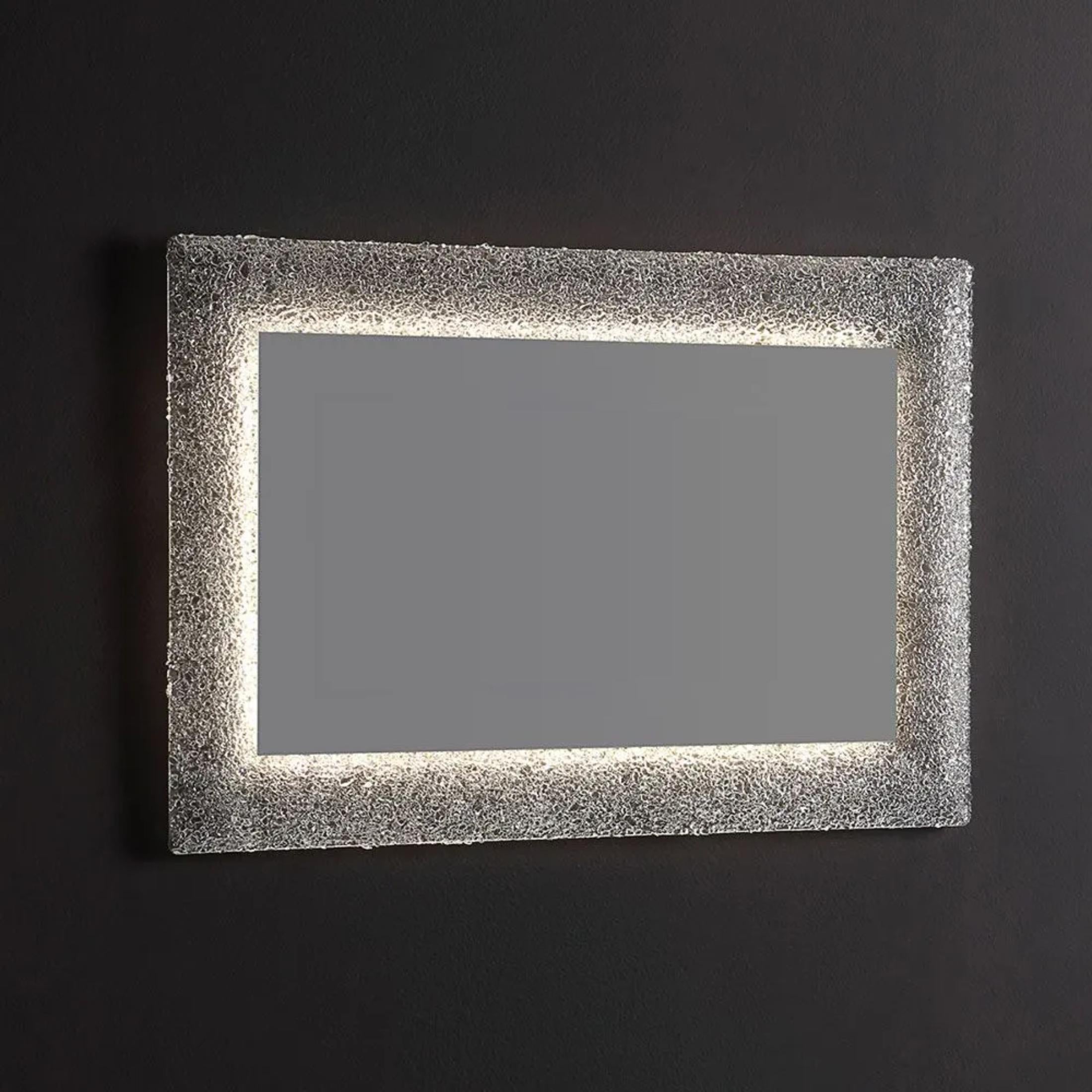 "Serranova2" rectangular LED mirror with glass grit frame, 90x62 cm