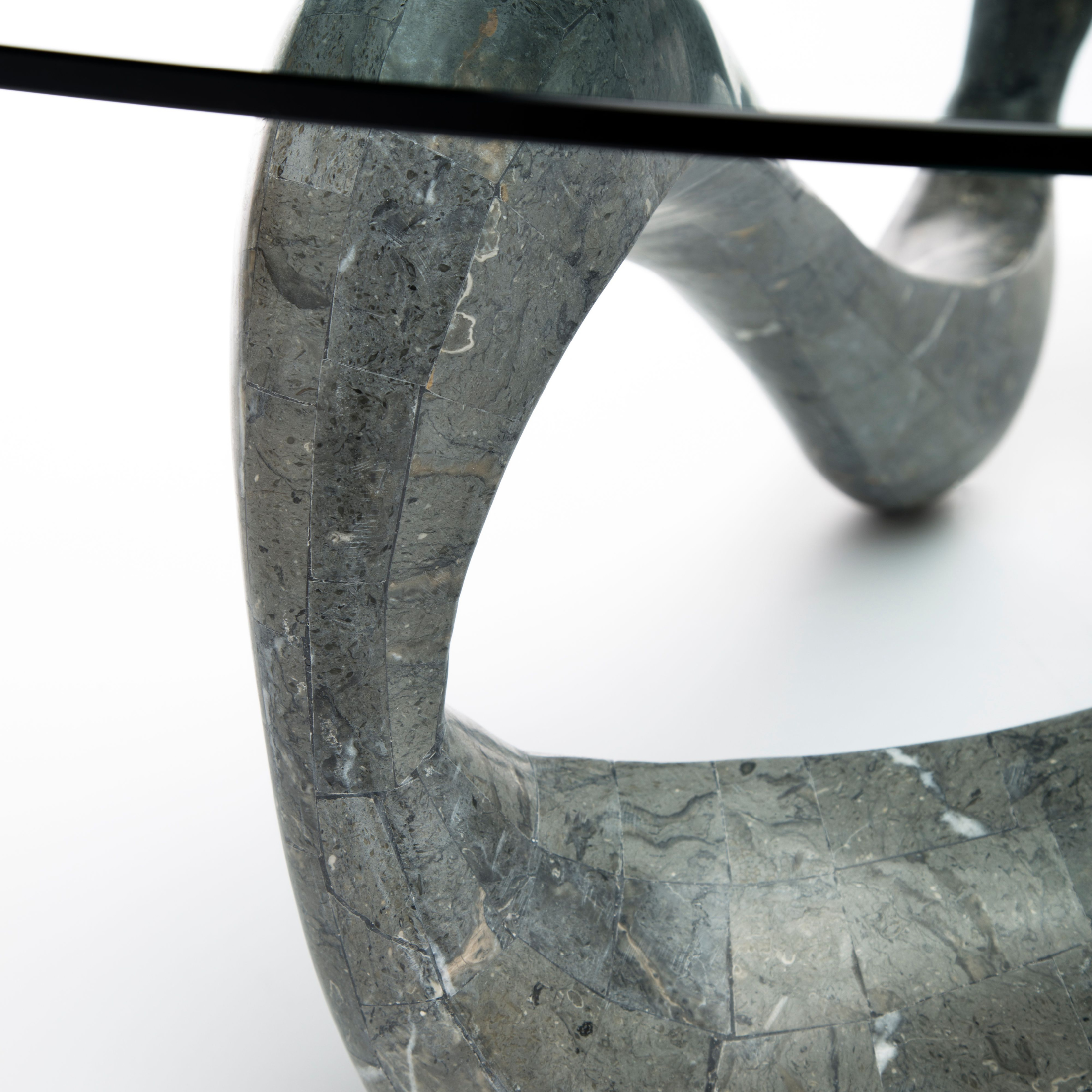 "Scarf" fossil stone coffee table with tempered glass top, 100x100 cm, 42.5 cm high.