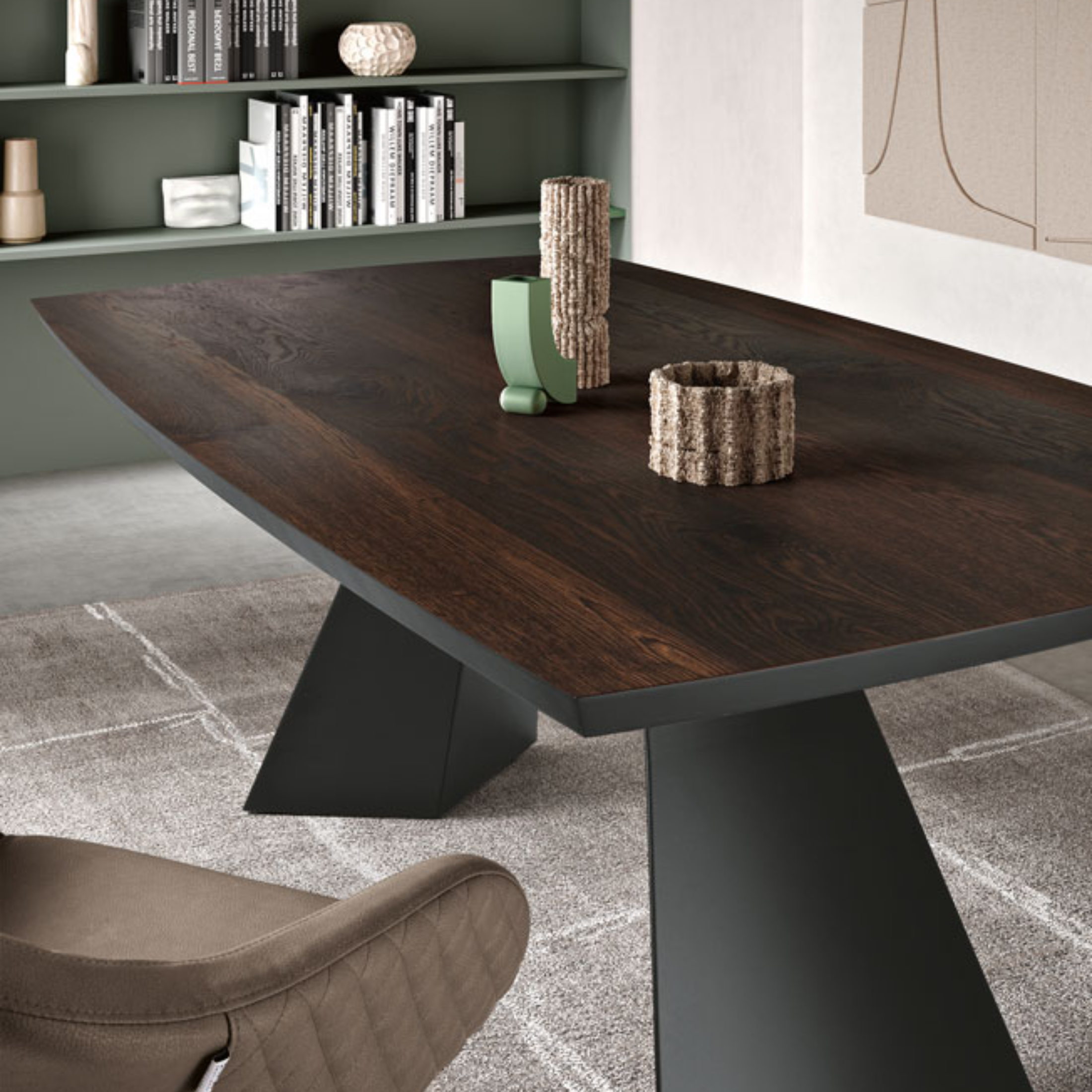 Fixed dining table "Nora" with metal base and oak wood top