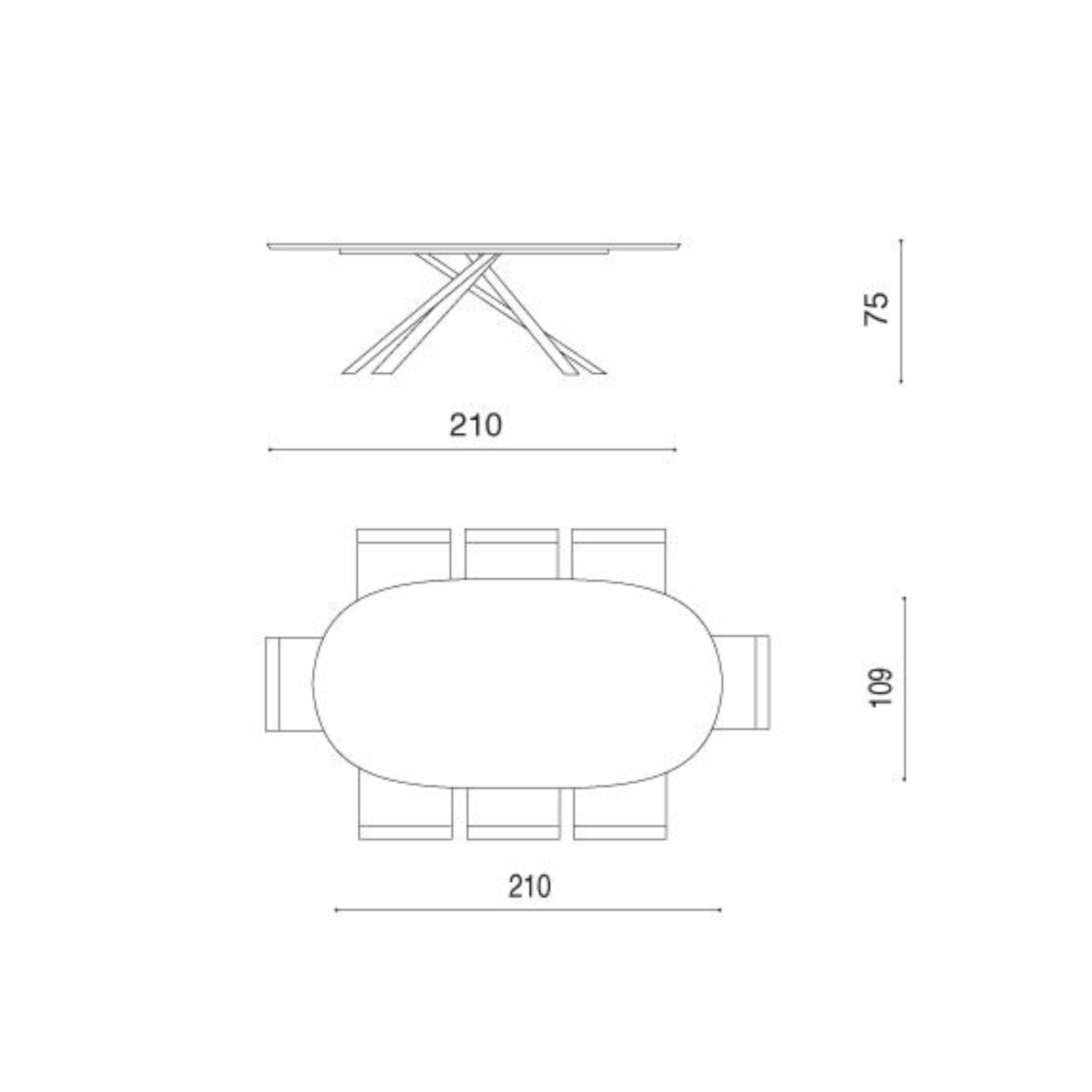 "Canyon" modern fixed dining table with metal base and oak top, 210x109 cm, 75 cm high