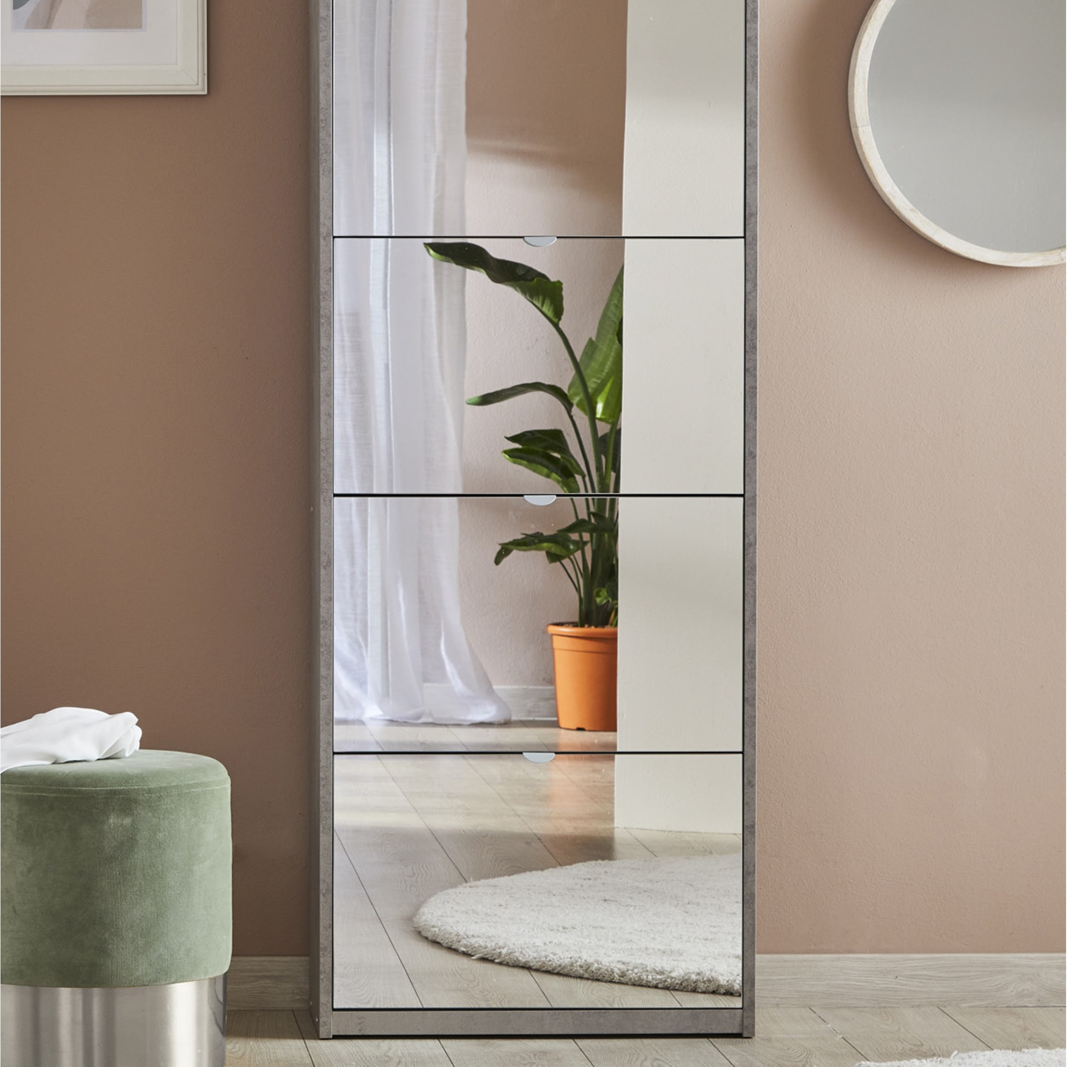 "Zoe" 4-door mirrored shoe rack with 1 wooden drawer, 63x29 cm, 164 cm high