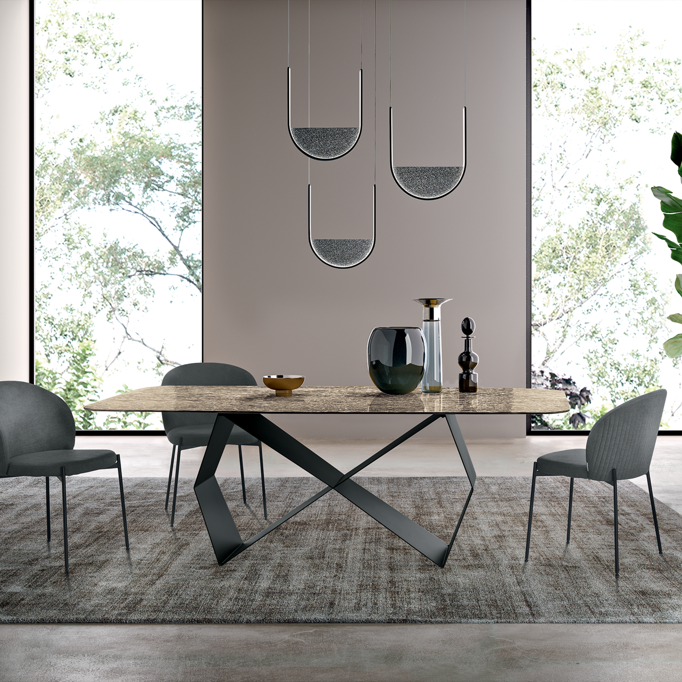 "Karlito" modern fixed table with painted metal base, 210x110 cm, 75 cm high.