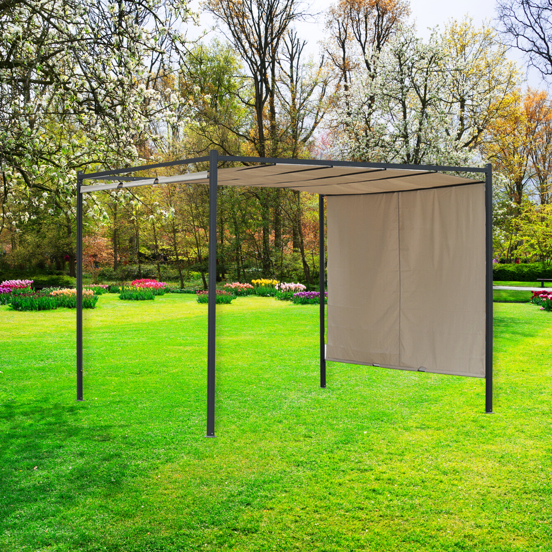 Pergola in acciaio con telo scorrevole di copertura écru cm 300x300 250h