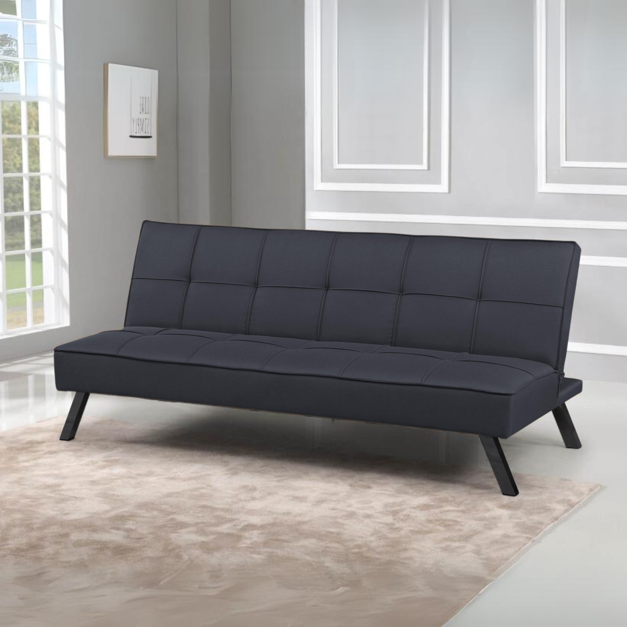 "Evelin" 3-seater sofa bed in linen fabric with metal legs, 180x81 cm, 79 cm high.