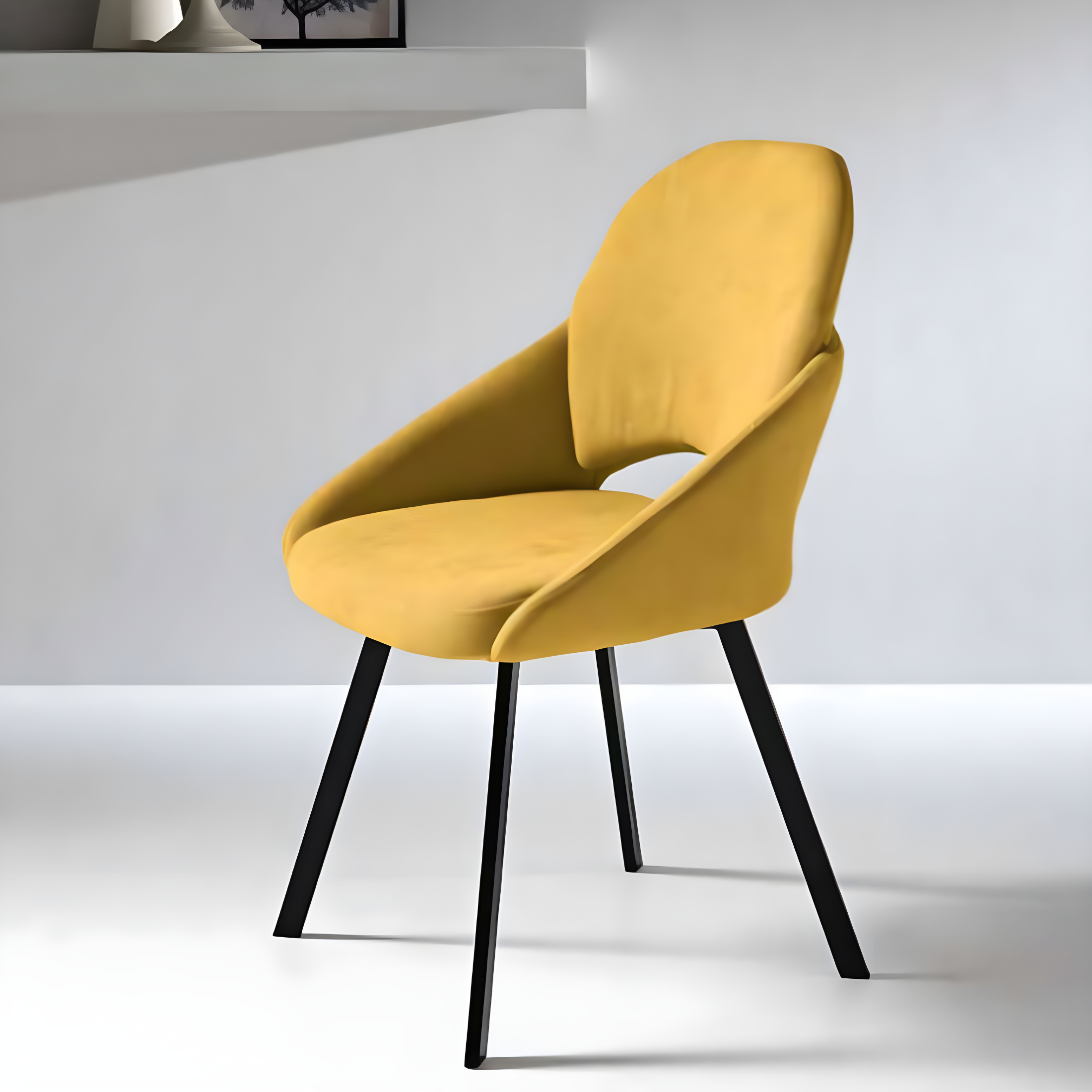 Set of "Dolly" dining chairs upholstered in fabric with painted metal frame, 56x56 cm, 90 cm high.