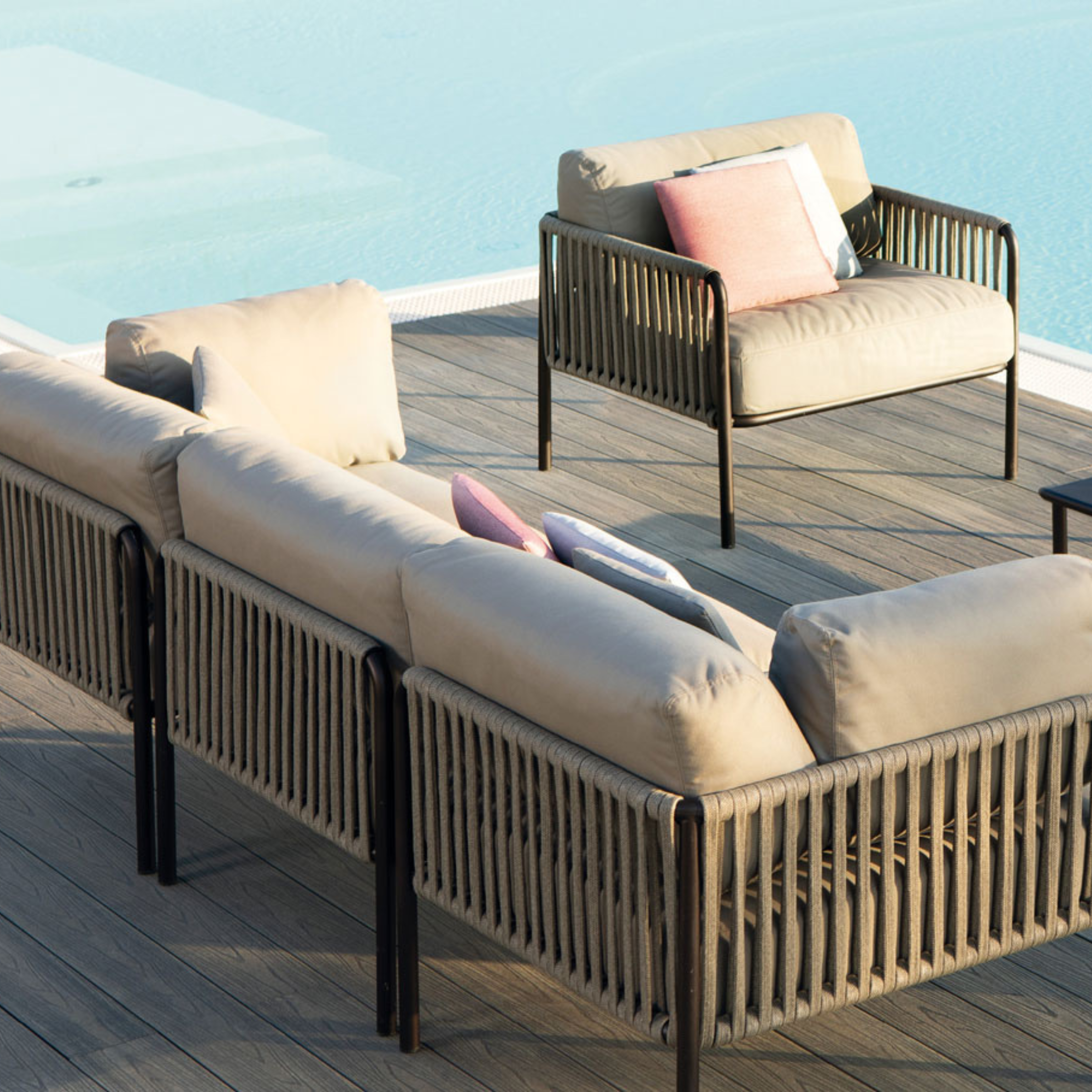 Corner sofa module with "Key West" rope backrest and cushions 80x80 cm 64h