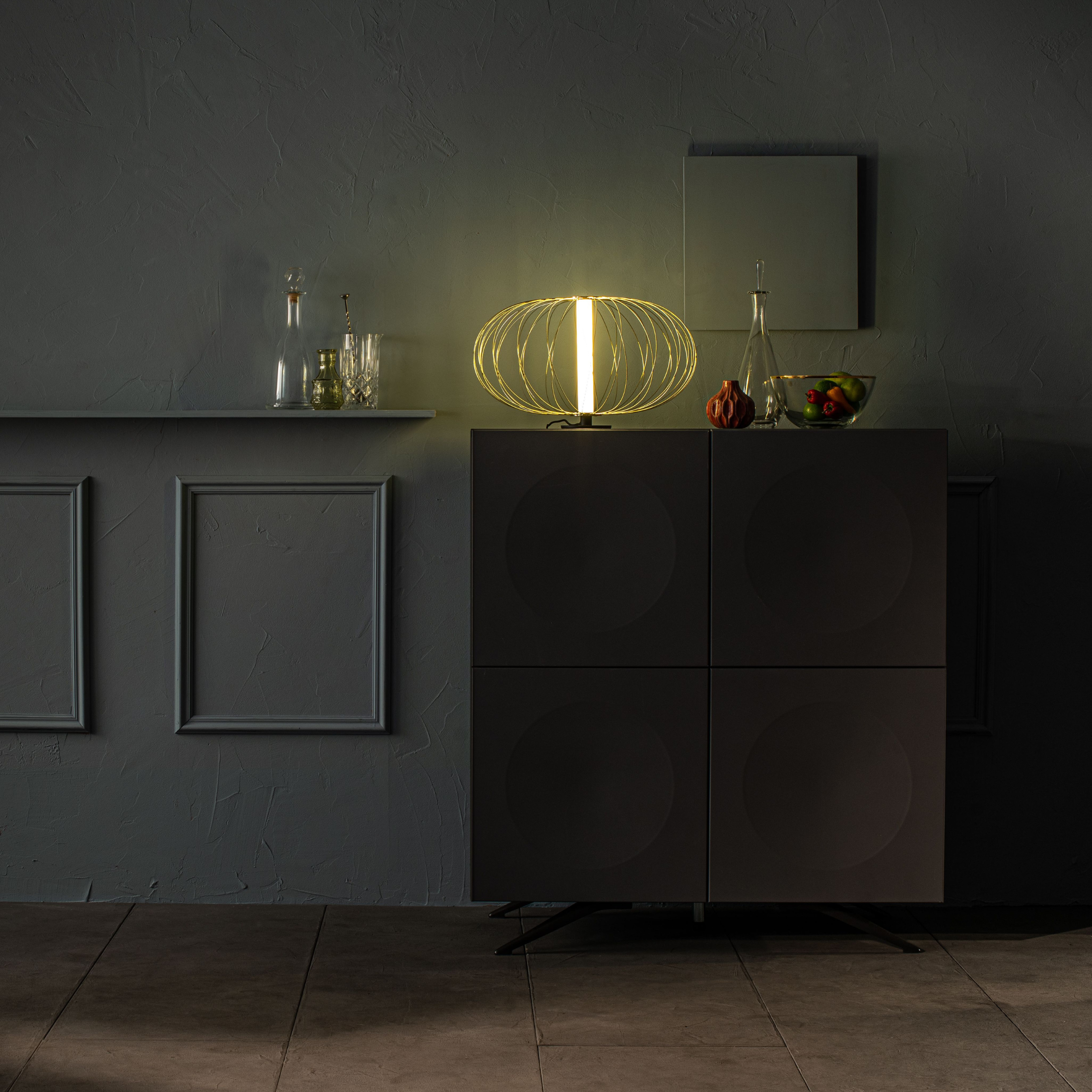 "Jaula" LED floor, table and hanging lamp with steel shade