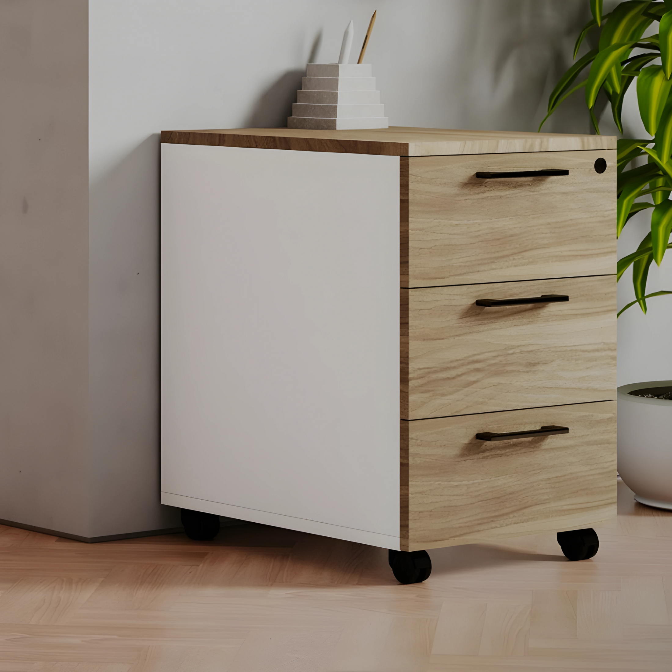 Modern 3-drawer office chest of drawers "Ibisco" white and natural walnut 40x55 cm 58h