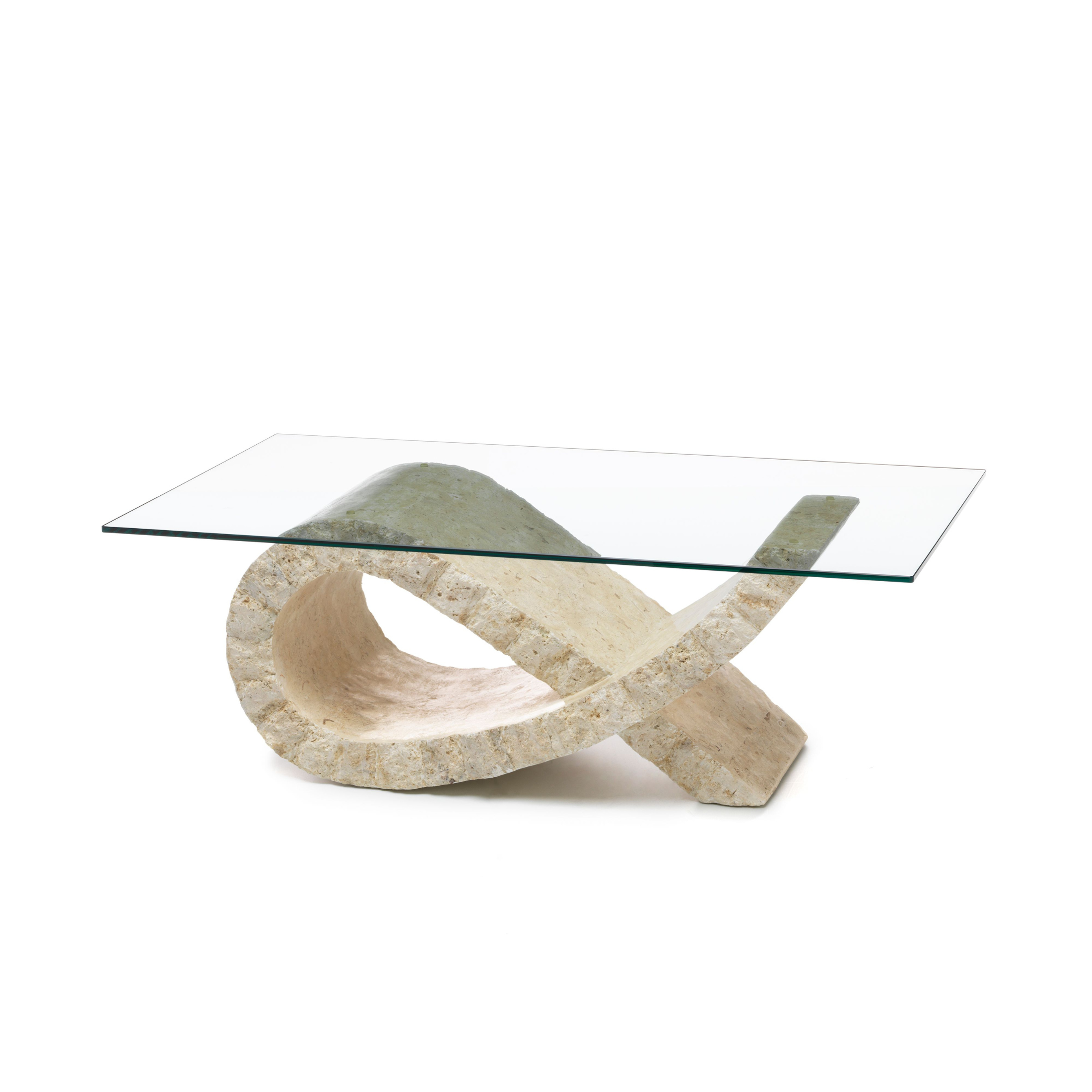Low table in fossil stone "Flake" tempered glass top 120x70 cm 37h