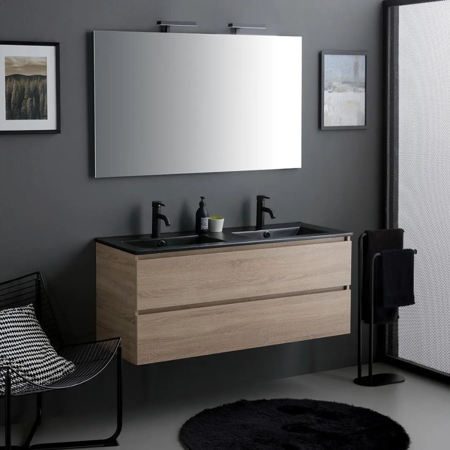 "Berlino60" oak-colored wall-hung bathroom cabinet with 2 drawers, black sink, and mirror