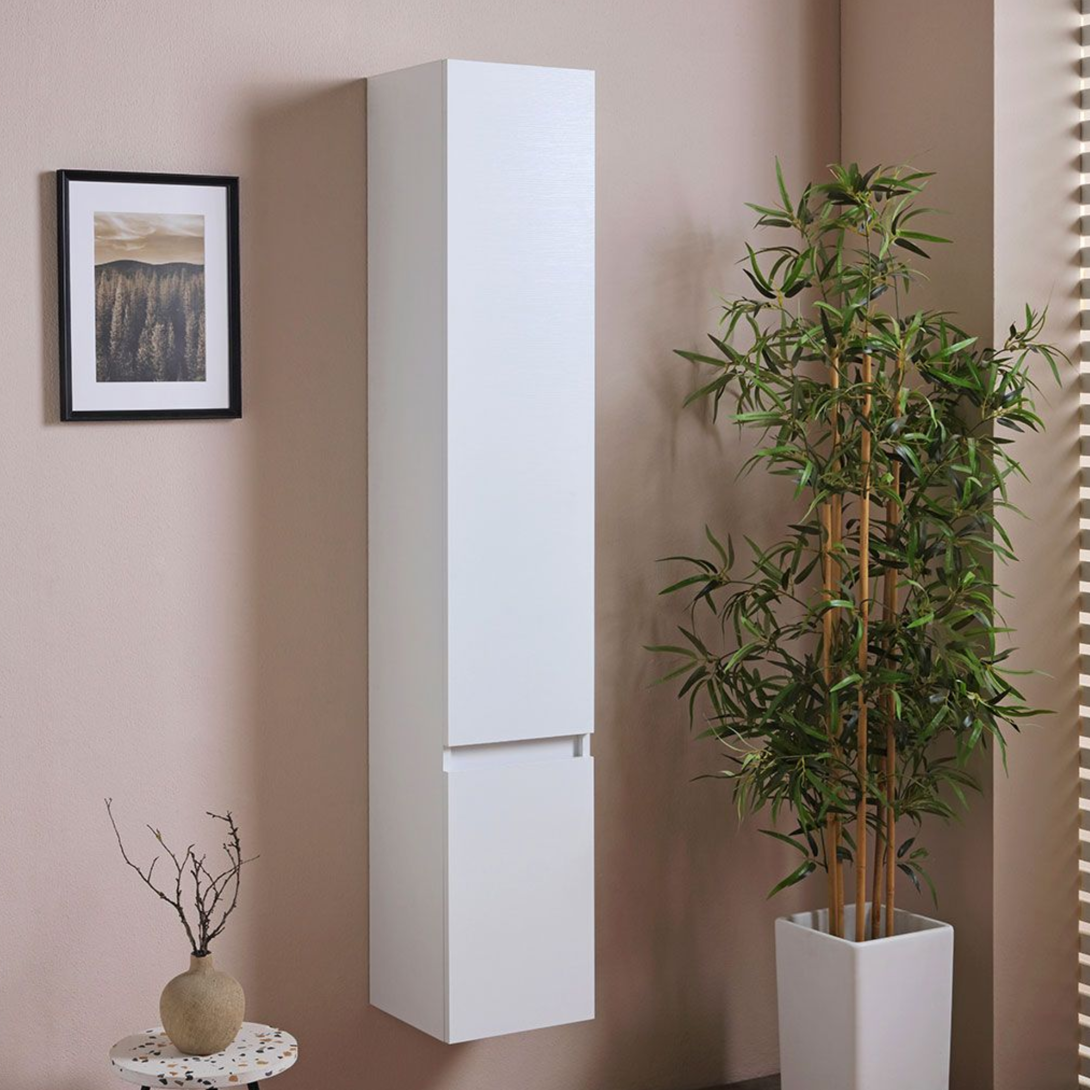 Tall suspended white wood-effect wall unit with two doors, 30x30 cm, 170 cm high