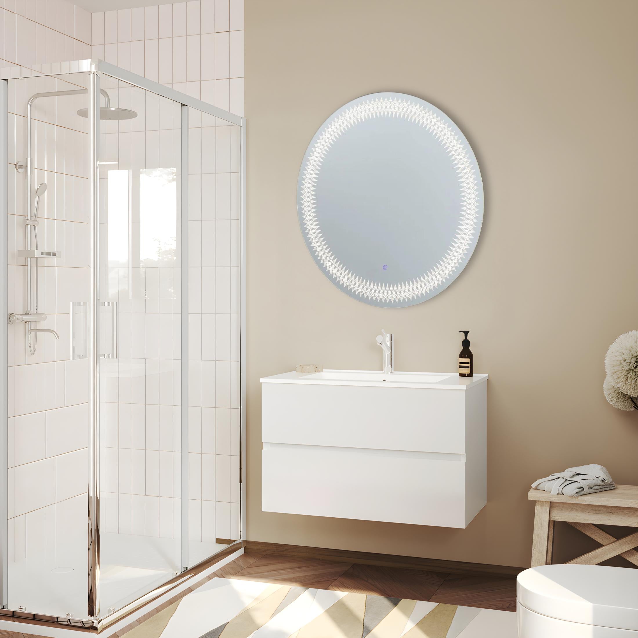 Round mirror with "Illusion" LED-decorated frame in aluminum, 80x80 cm