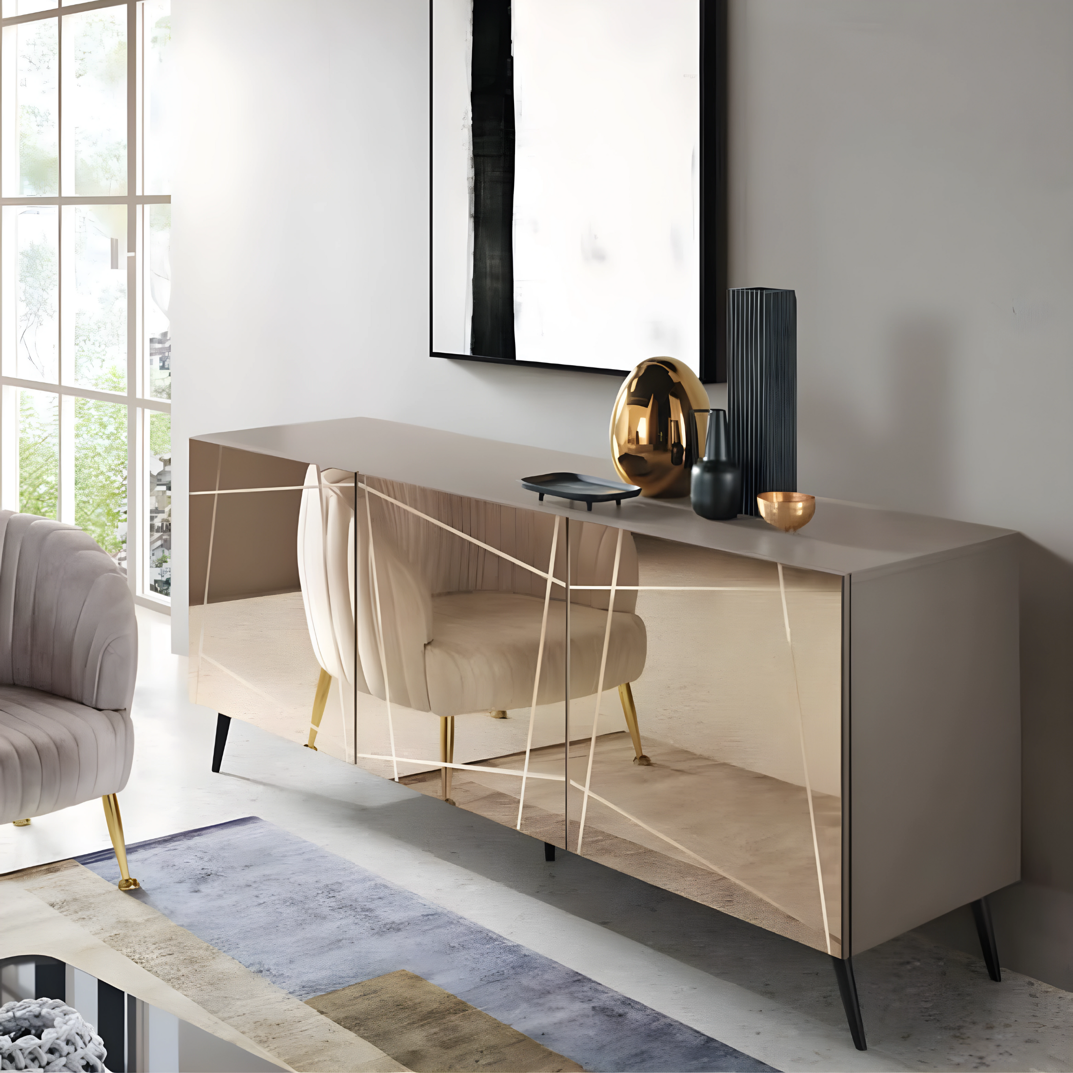 Modern, pre-assembled wooden sideboard "Conty" with 3 mirrored doors, 180x50 cm, h80 cm