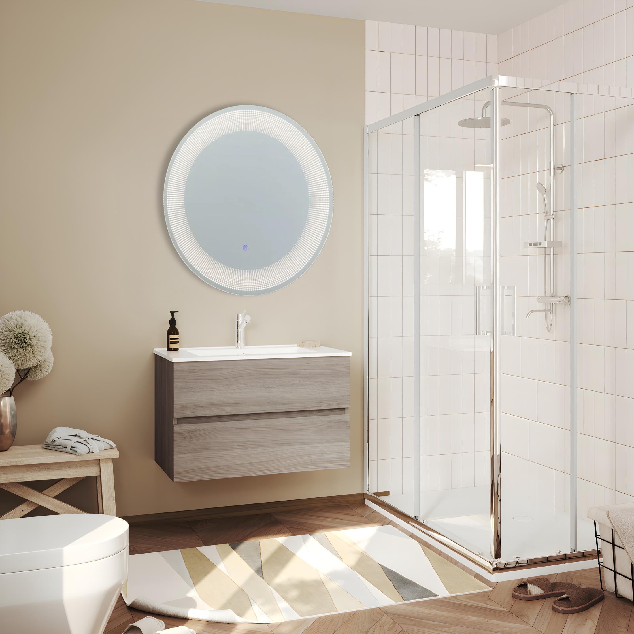 Round mirror with LED-illuminated "Eclisse" frame in aluminum, 60x60 cm