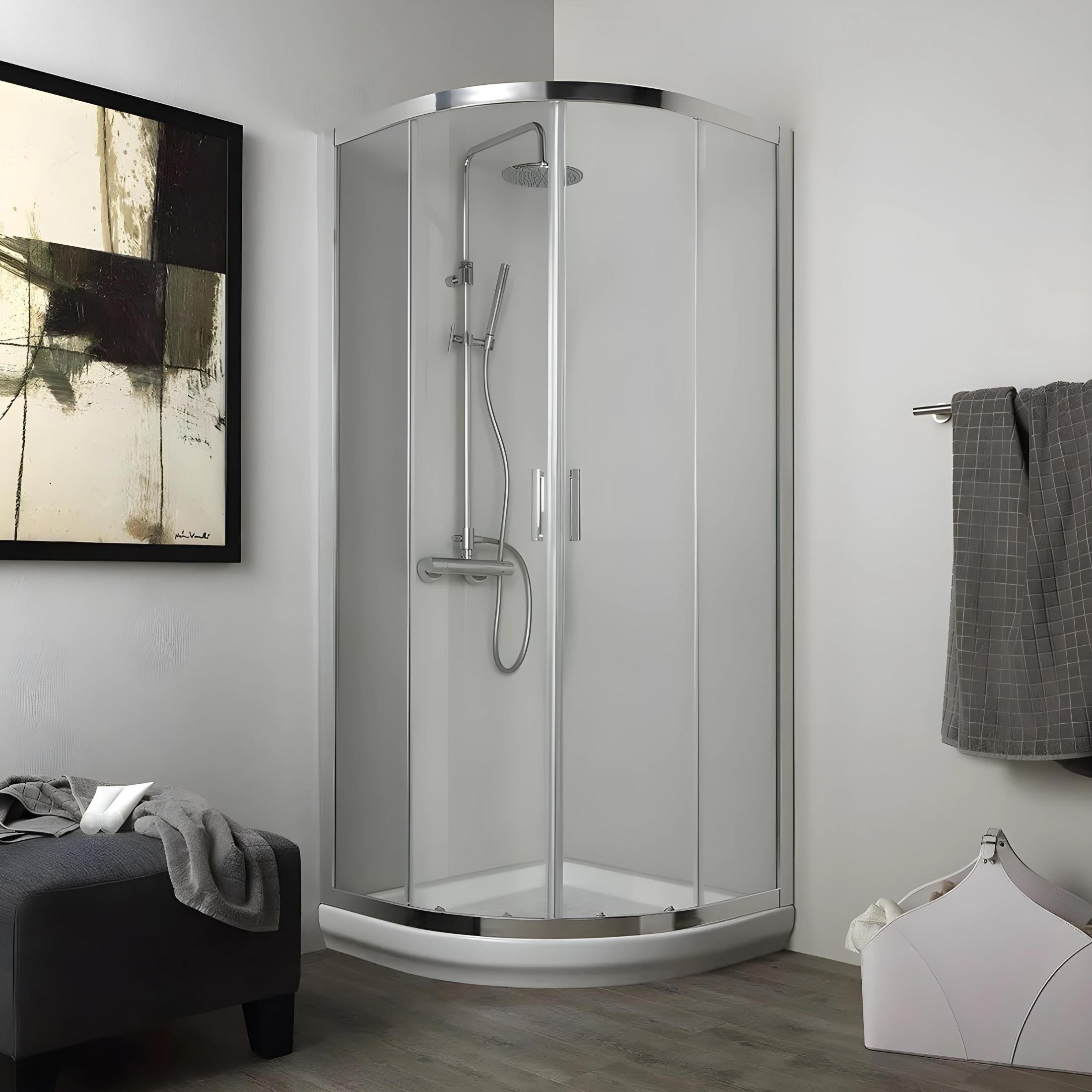 "Lima" semicircular rounded shower enclosure in transparent tempered glass, 80x80 cm, 185 cm high.