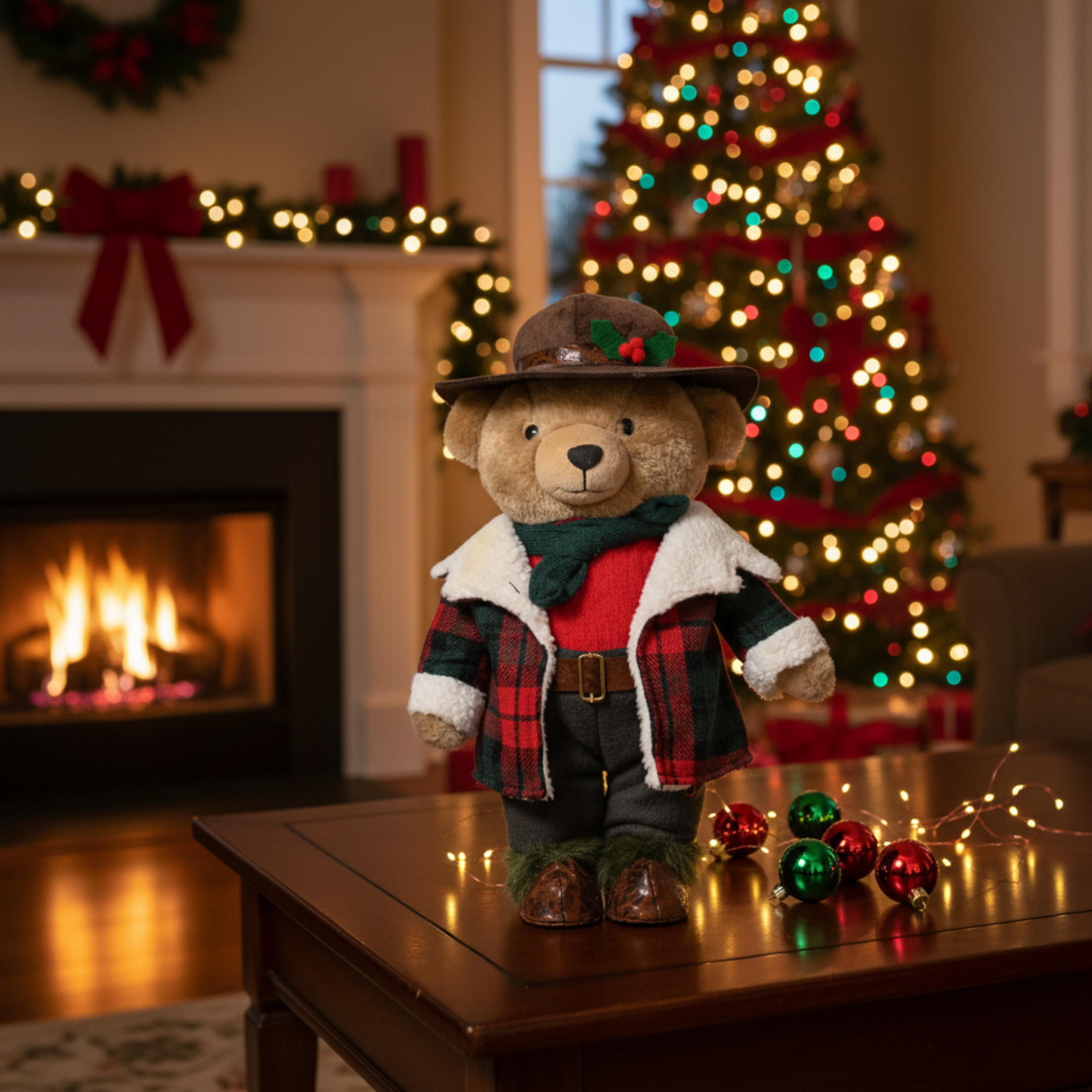 Country teddy bear with coat and hat, polyester Christmas decorations 18x14 cm 31h