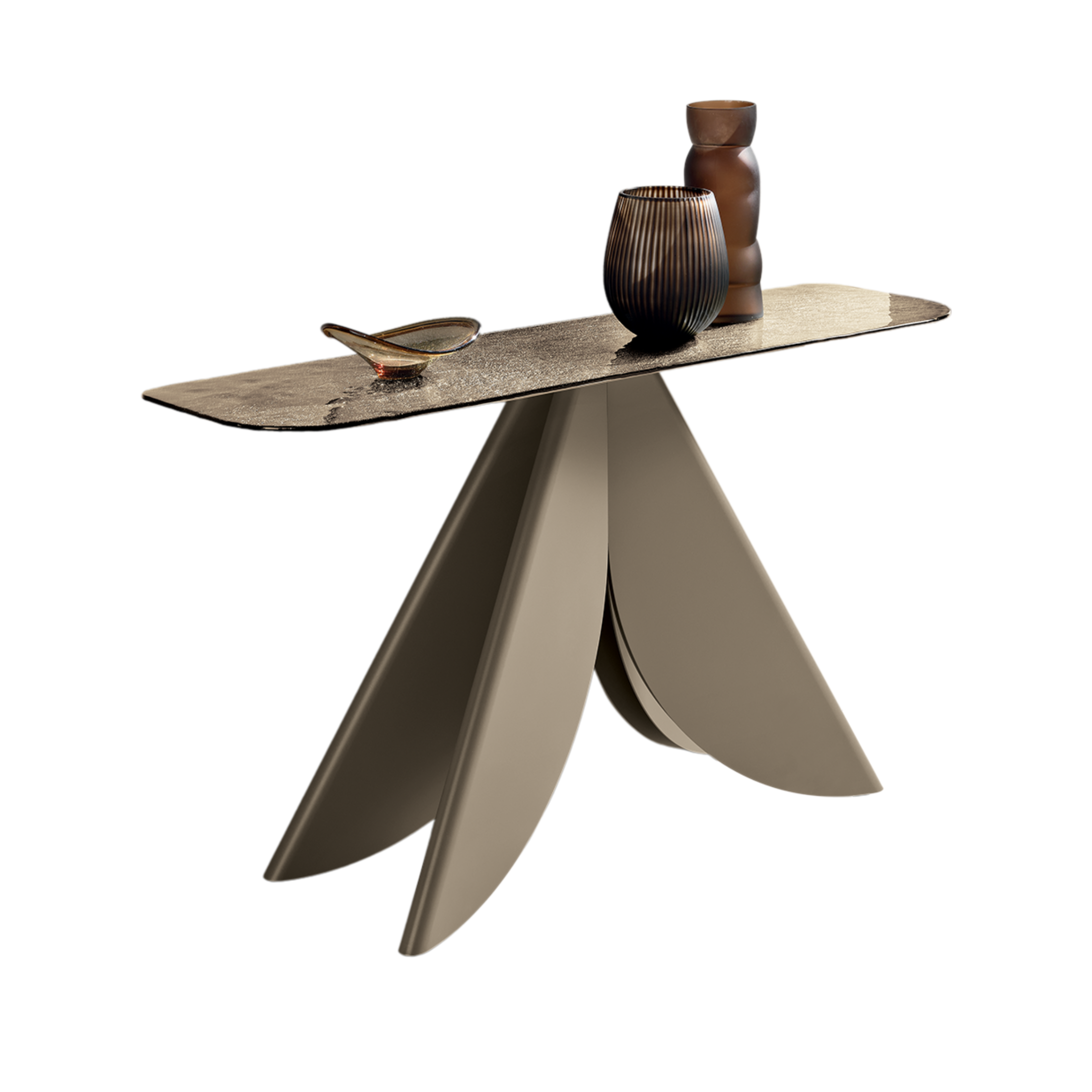 "Versus" console table with black or pearl beige painted metal base, 140x40 cm, 76h