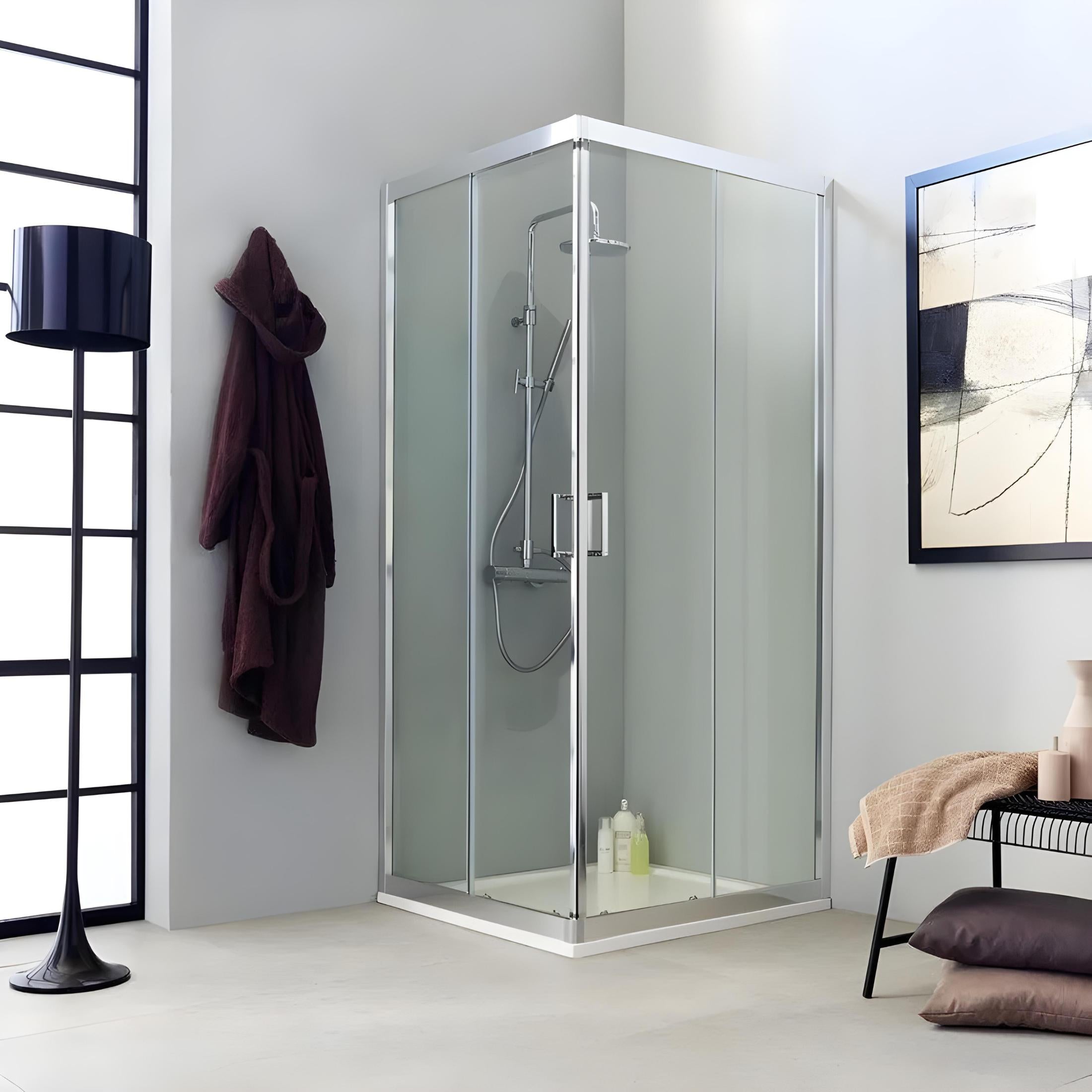 "Ferrara Two" corner shower enclosure with two sliding doors in clear glass, 195 cm high.