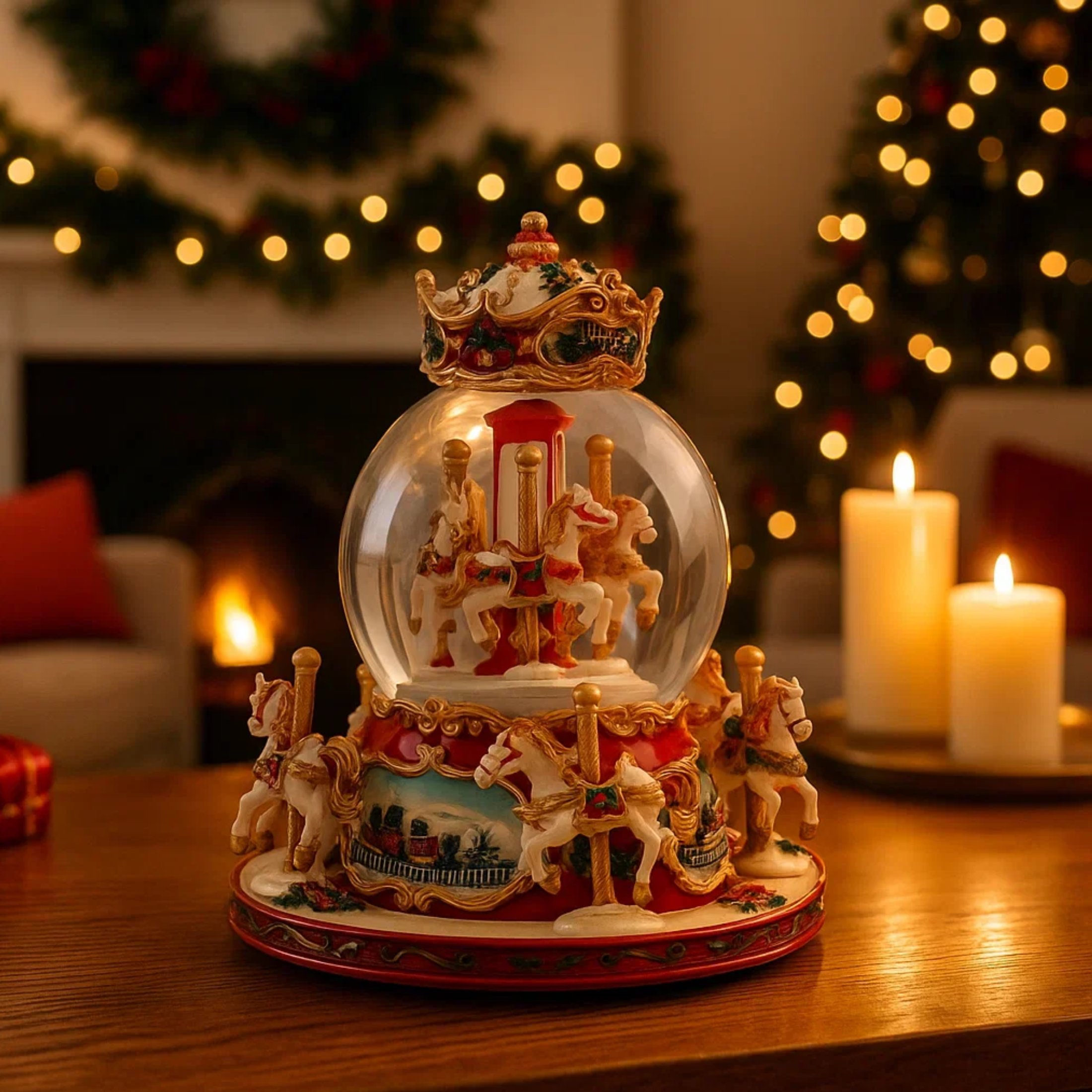Christmas ampoule with carousel, Christmas snow globe 19 cm high