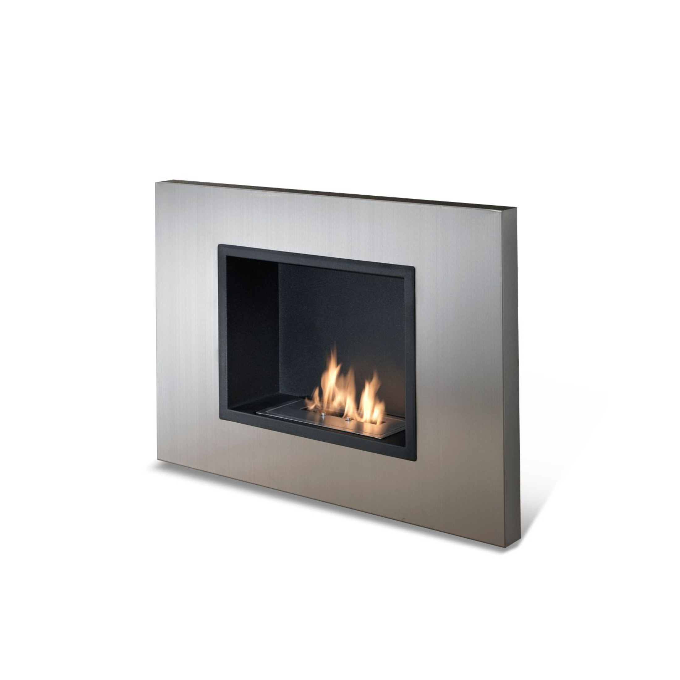 "Charles" wall-mounted bioethanol fireplace in satin-finish steel, 78 x 17 cm, 54 cm high.