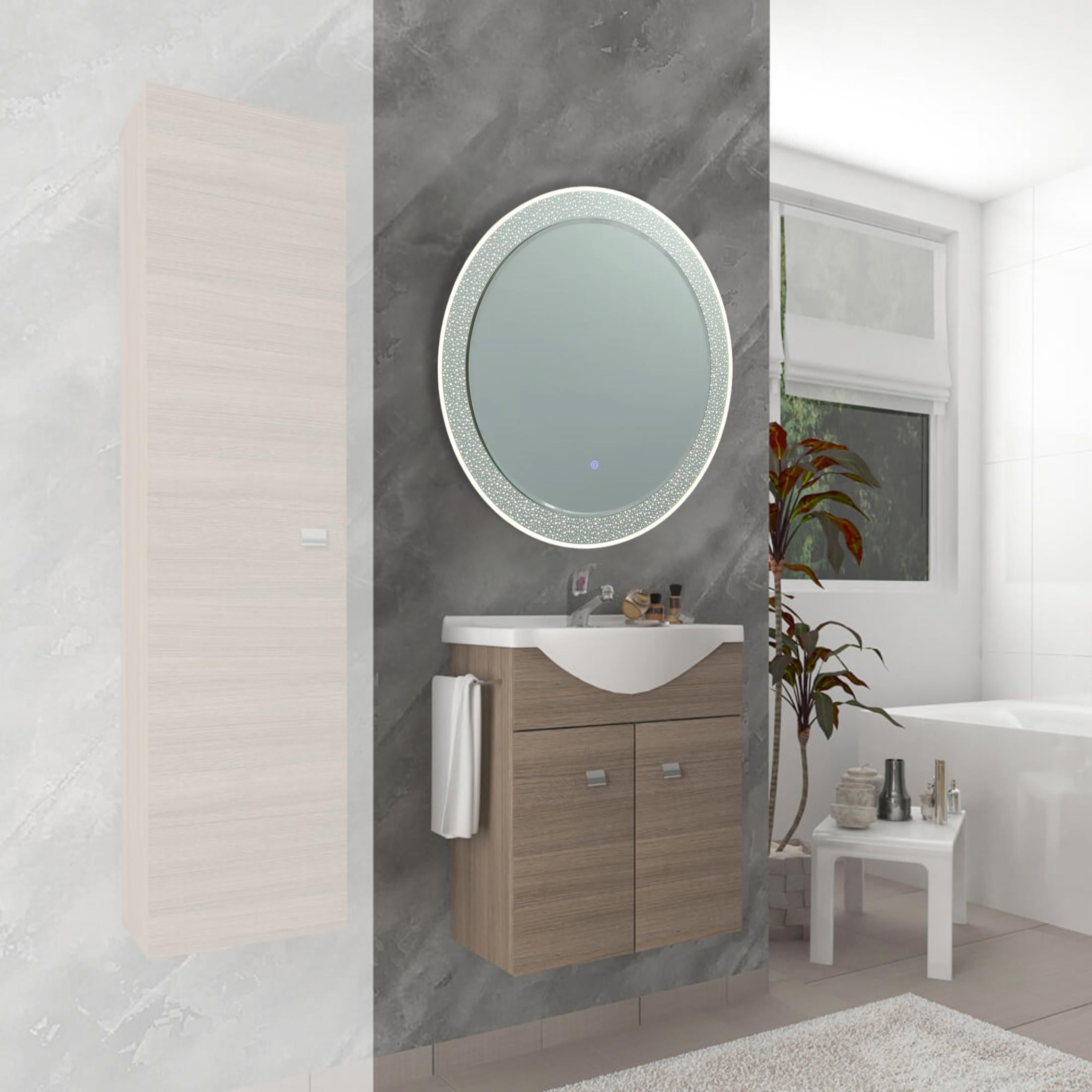 Round mirror with "Riflessi" LED-decorated frame in aluminum, 80x80 cm