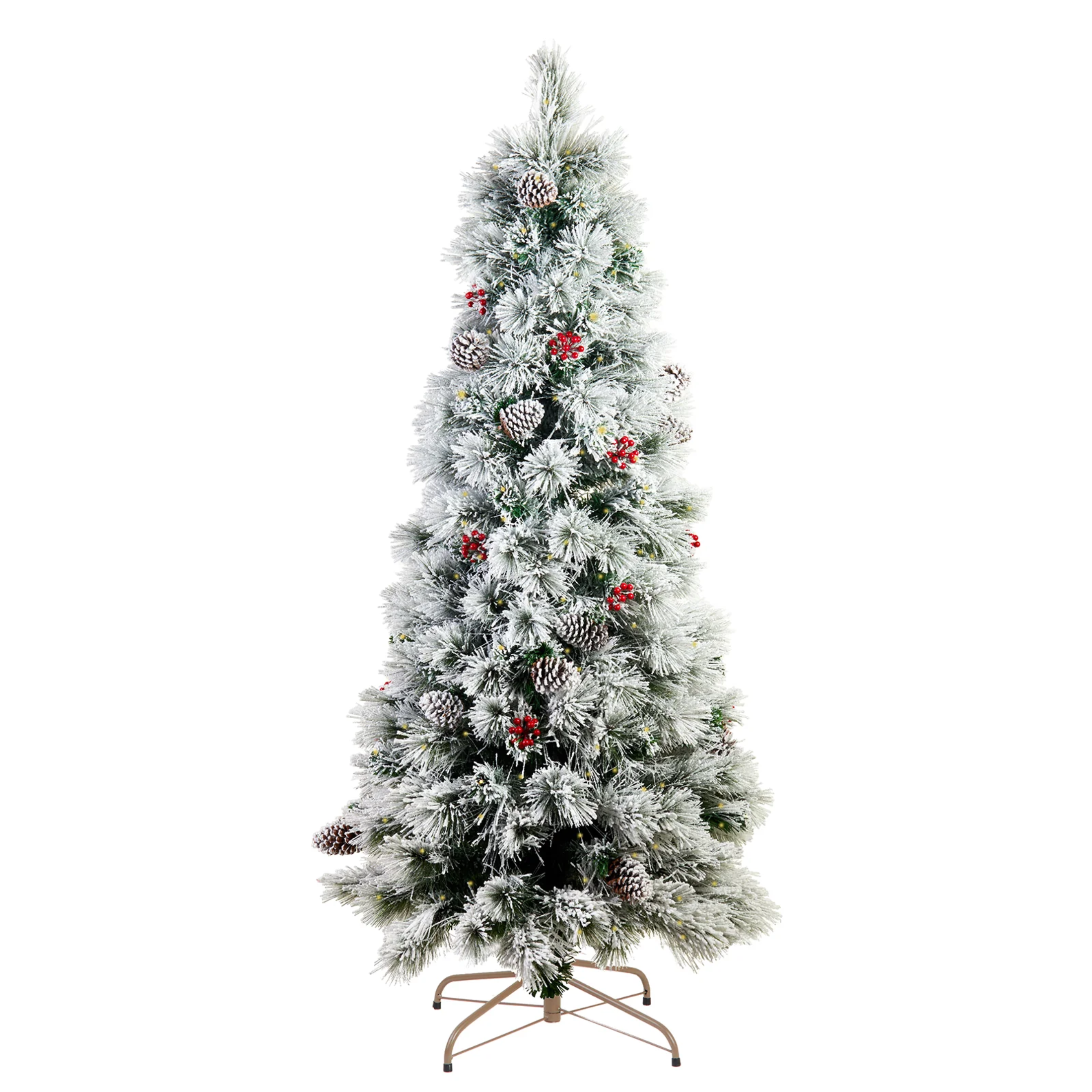 Snowy Christmas tree "Candore" with LED, berries and pine cones in PP Pine needles effect + Flock cm 210h
