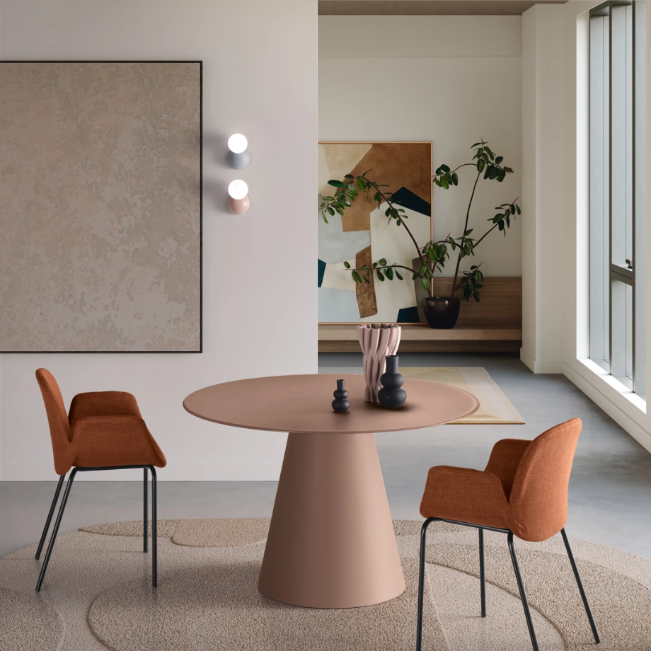 Tavolo tondo fisso "Paride" con base conica e piano in vetro cm Ø 120x76h