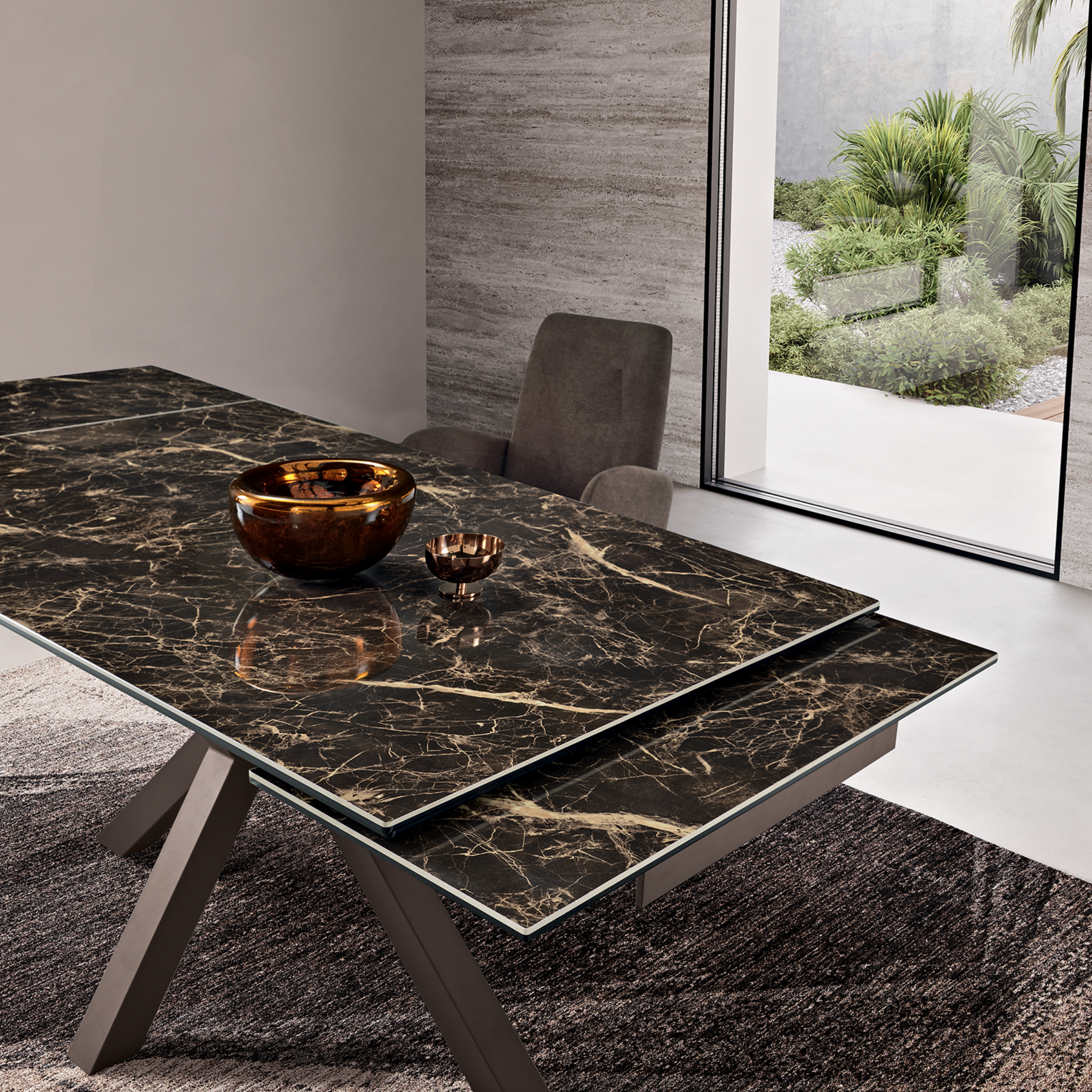 Modern extendable table "Artik" with metal base, seats up to 10 people.